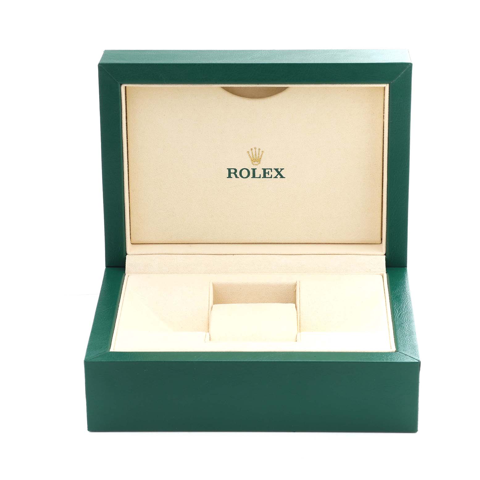 The image shows an open green and beige Rolex watch box, without the Explorer model watch inside.
