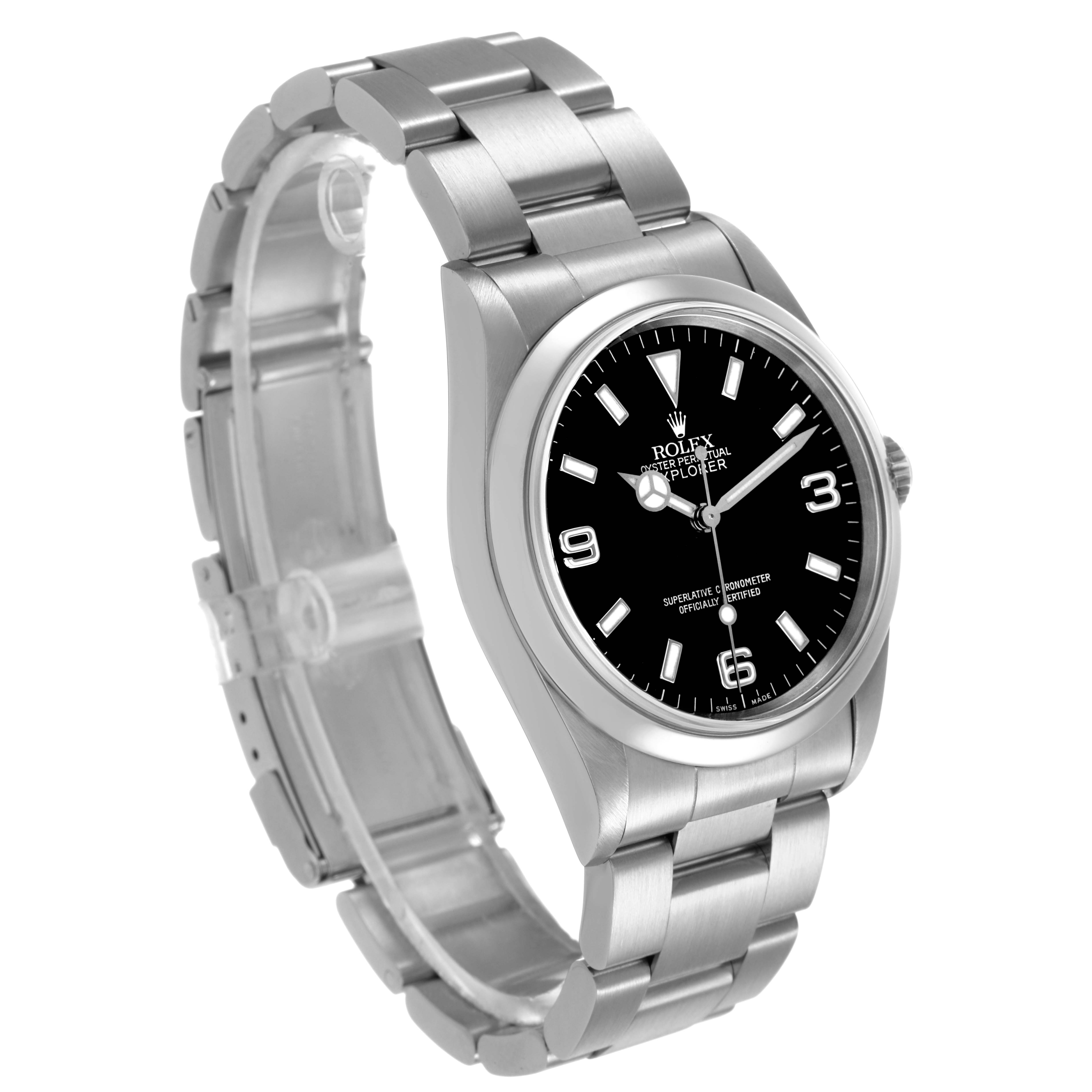 The Rolex Explorer 14270 Men's Stainless Steel Black Dial watch is shown at a slight angle, displaying the face, bezel, and bracelet.