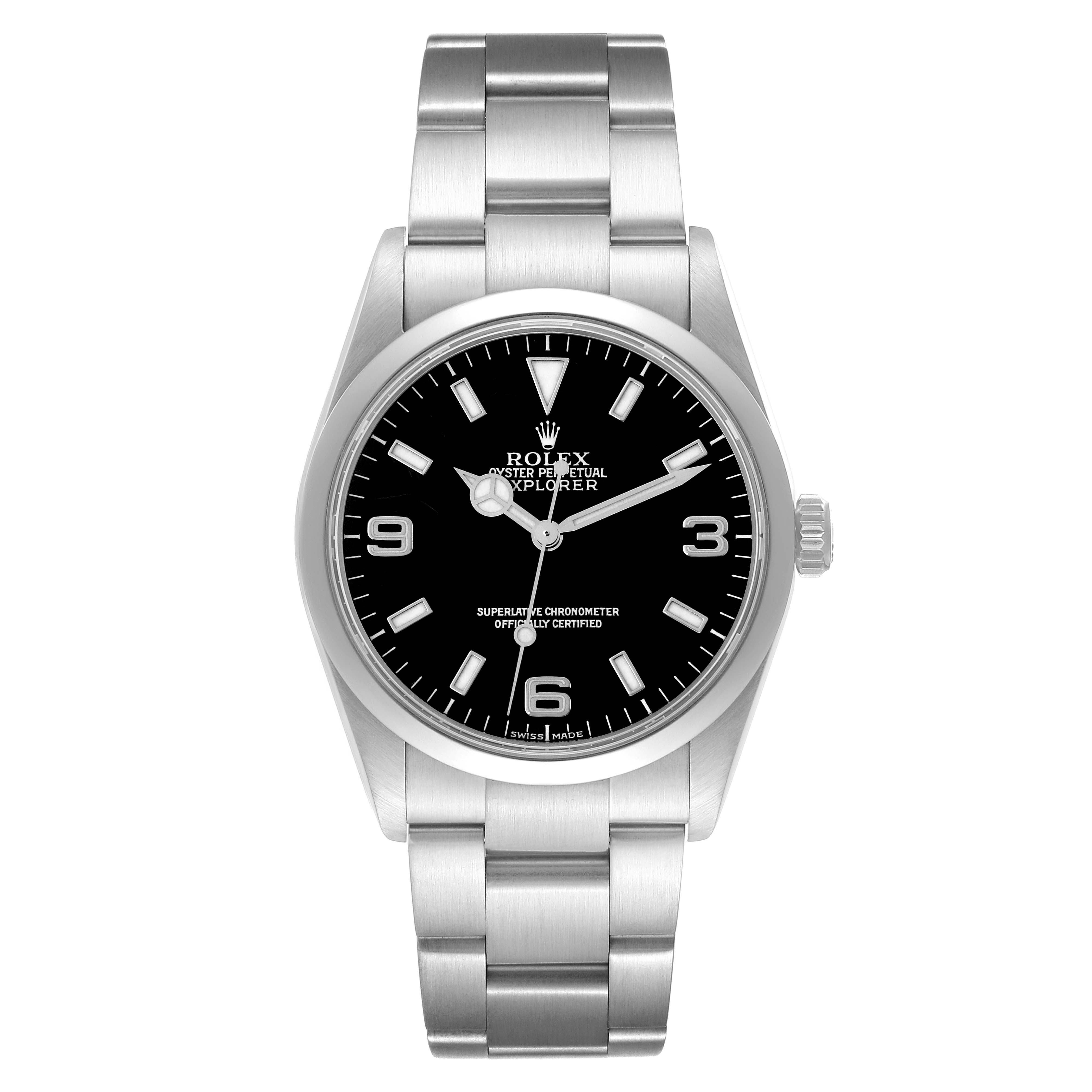The Rolex Explorer 114270 Men's Stainless Steel Black Dial 114270 Men's Stainless Steel Black Dial is shown from a front angle, displaying its dial, bezel, bracelet, and crown.