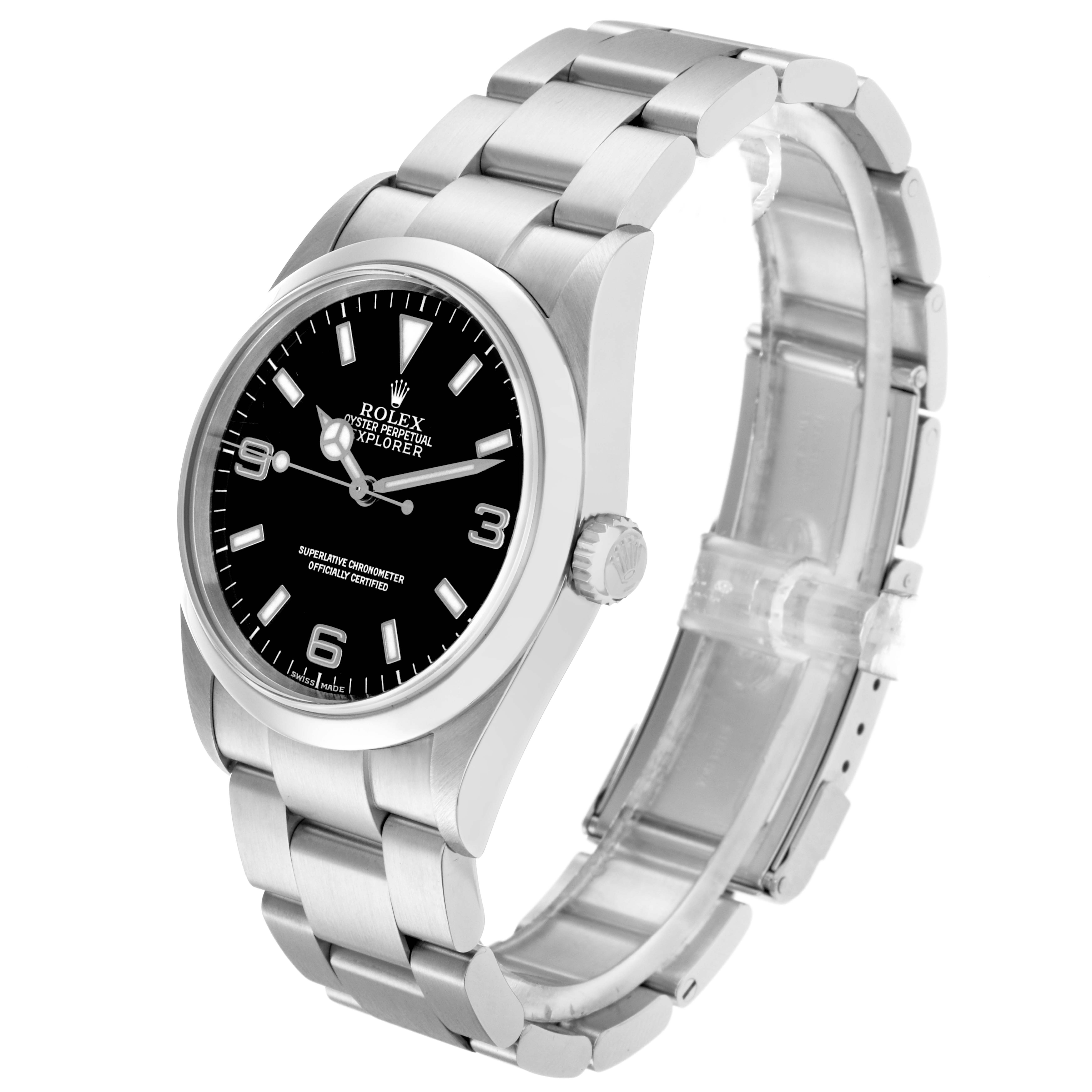 The Rolex Explorer 114270 Men's Stainless Steel Black Dial 114270 Men's Stainless Steel Black Dial watch is shown at a slight angle, displaying the face, bezel, crown, and bracelet.