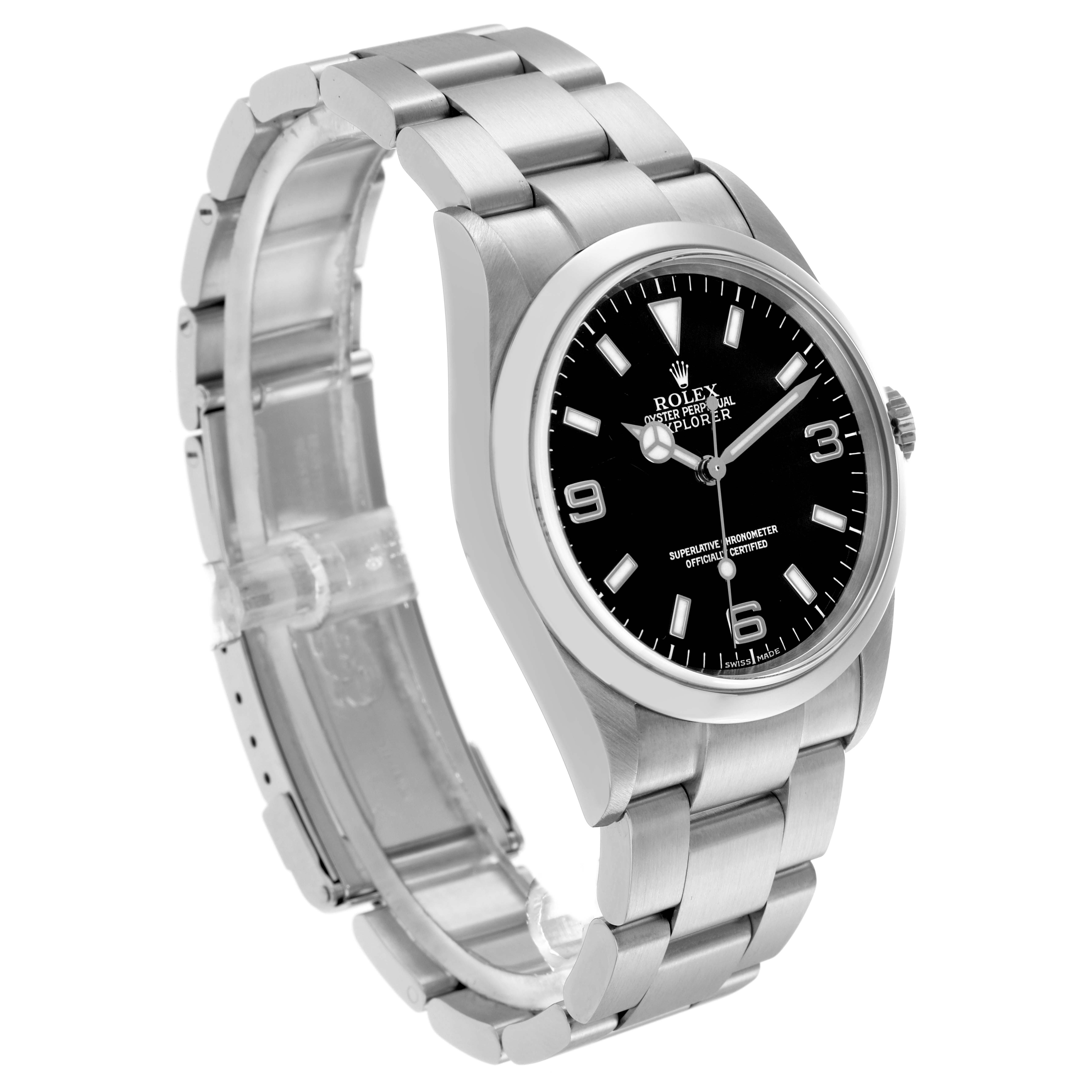 The Rolex Explorer 114270 Men's Stainless Steel Black Dial 114270 Men's Stainless Steel Black Dial watch is shown at a three-quarter angle, highlighting the bezel, dial, bracelet, and crown.
