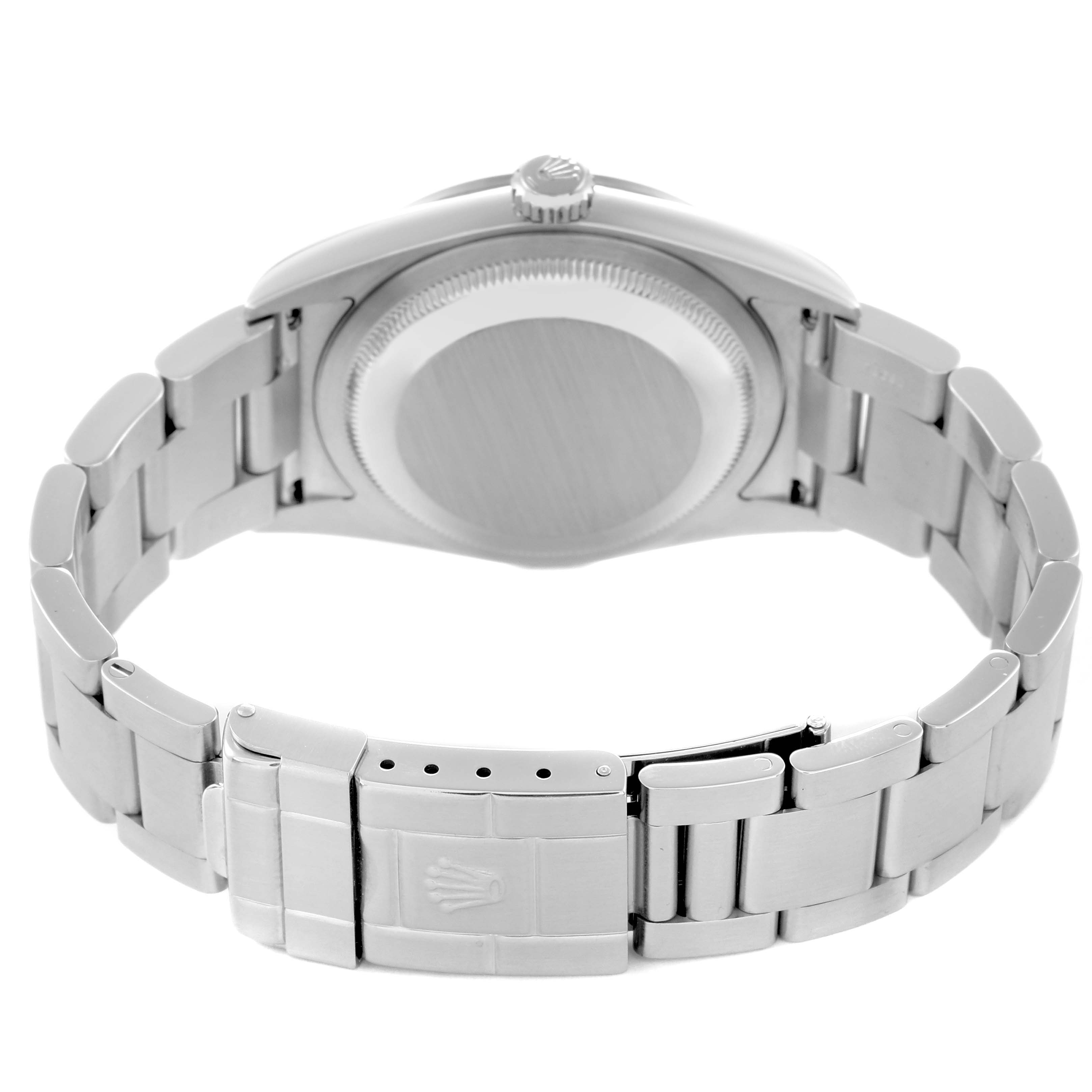 The image shows the back and bracelet of the Rolex Explorer 114270 Men's Stainless Steel Black Dial 114270 Men's Stainless Steel Black Dial watch, highlighting the clasp and case back.