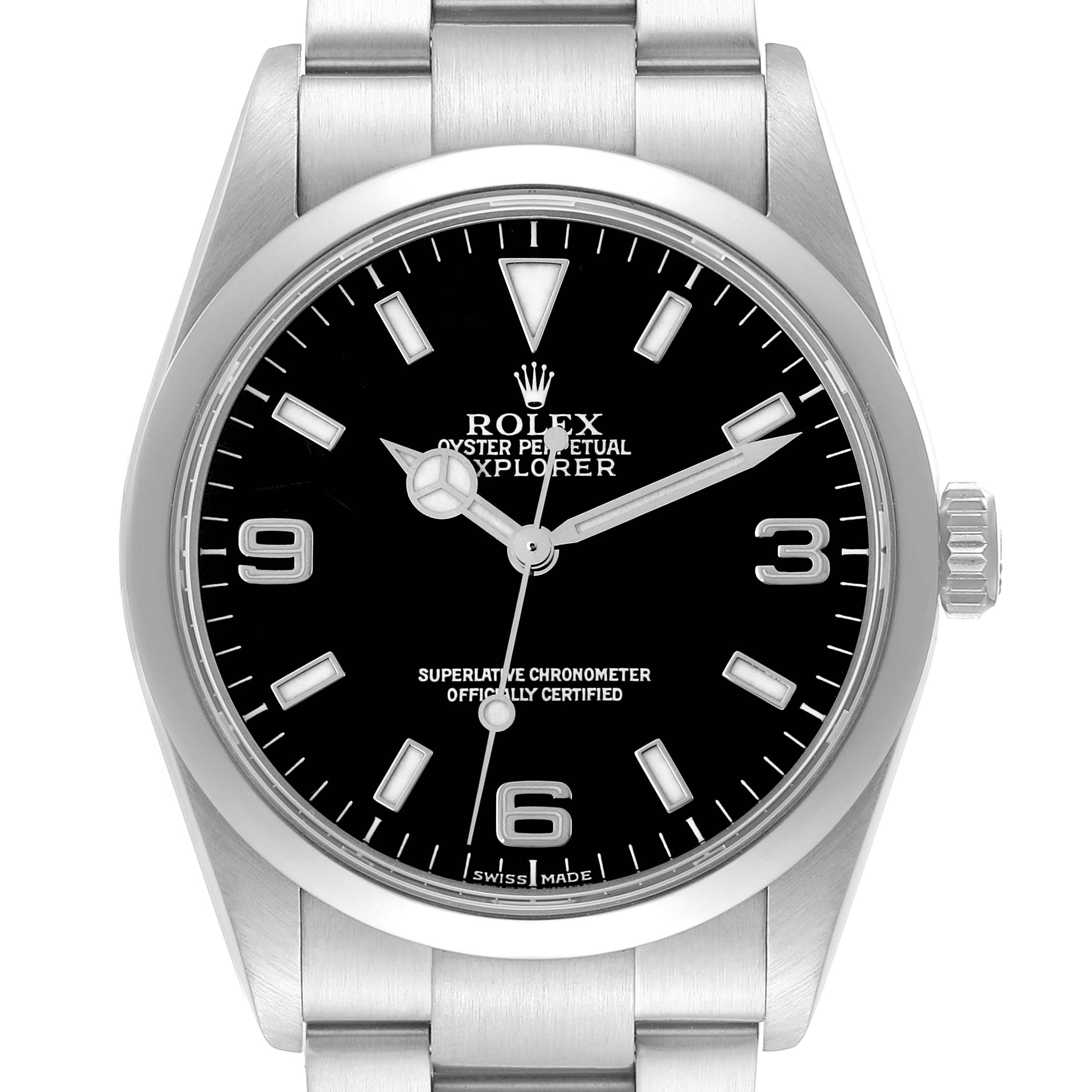 The Rolex Explorer 114270 Men's Stainless Steel Black Dial 114270 Men's Stainless Steel Black Dial watch is shown from a front angle, displaying the dial, crown, and part of the bracelet.