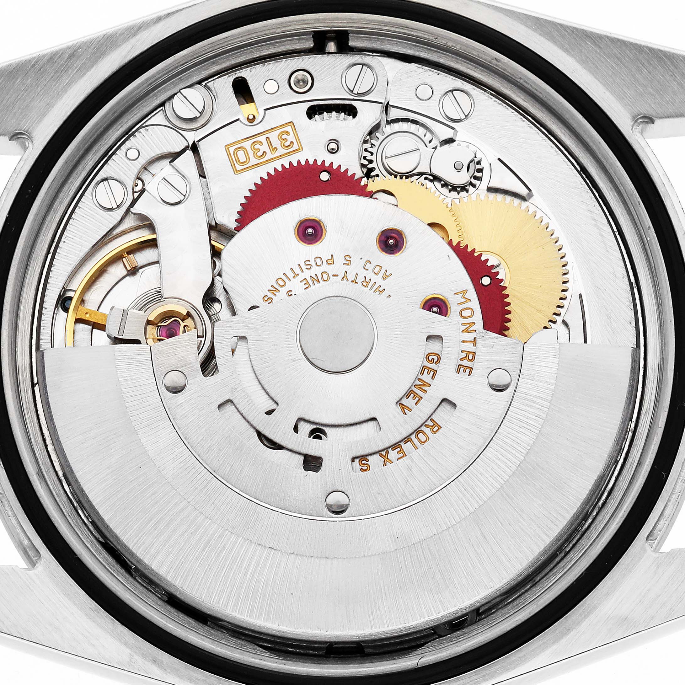 The image shows the movement mechanism of a Rolex Explorer 114270 Men's Stainless Steel Black Dial 114270 Men's Stainless Steel Black Dial, viewed from the back, highlighting gears and inscriptions.