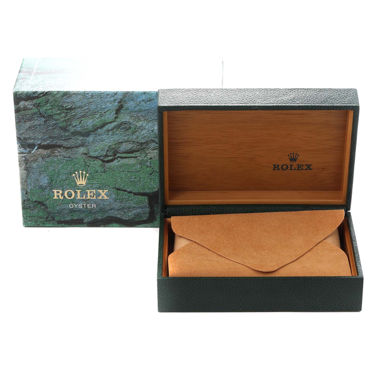 The image shows the packaging for a Rolex Explorer 114270 Men's Stainless Steel Black Dial 114270 Men's Stainless Steel Black Dial, including an outer box and an open inner box with a suede pouch inside.
