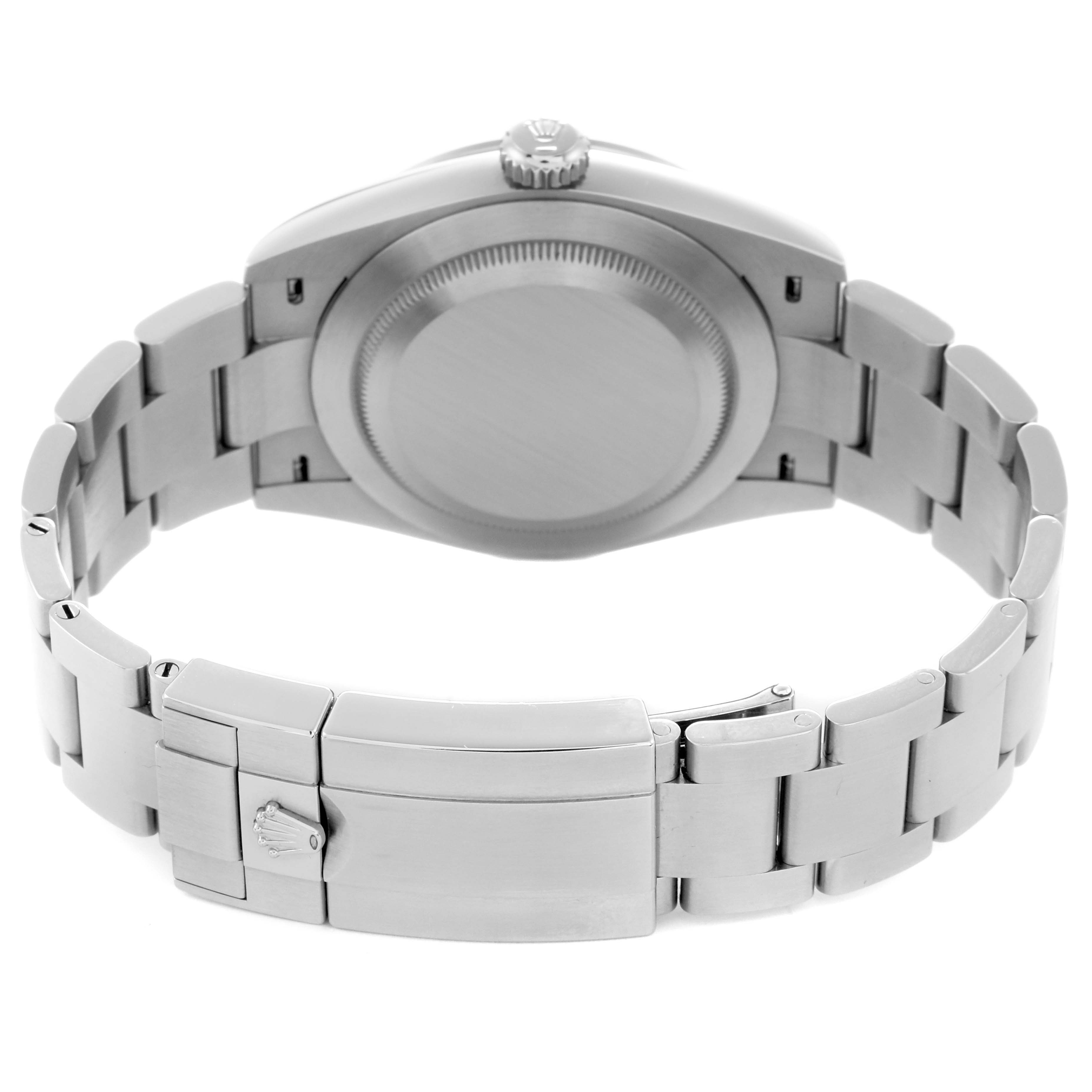 The image shows the backside and bracelet of the Rolex Explorer 224270 Men
s Stainless Steel Black Dial 224270 Men
s Stainless Steel Black Dial model, highlighting the clasp and case back.