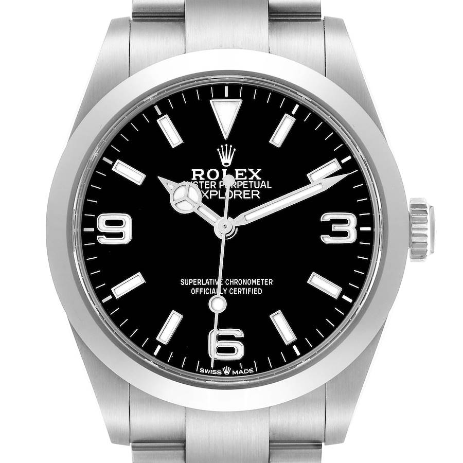 The Rolex Explorer 224270 Men's Stainless Steel Black Dial watch is shown from the front, displaying the face, dial, and part of the bracelet.