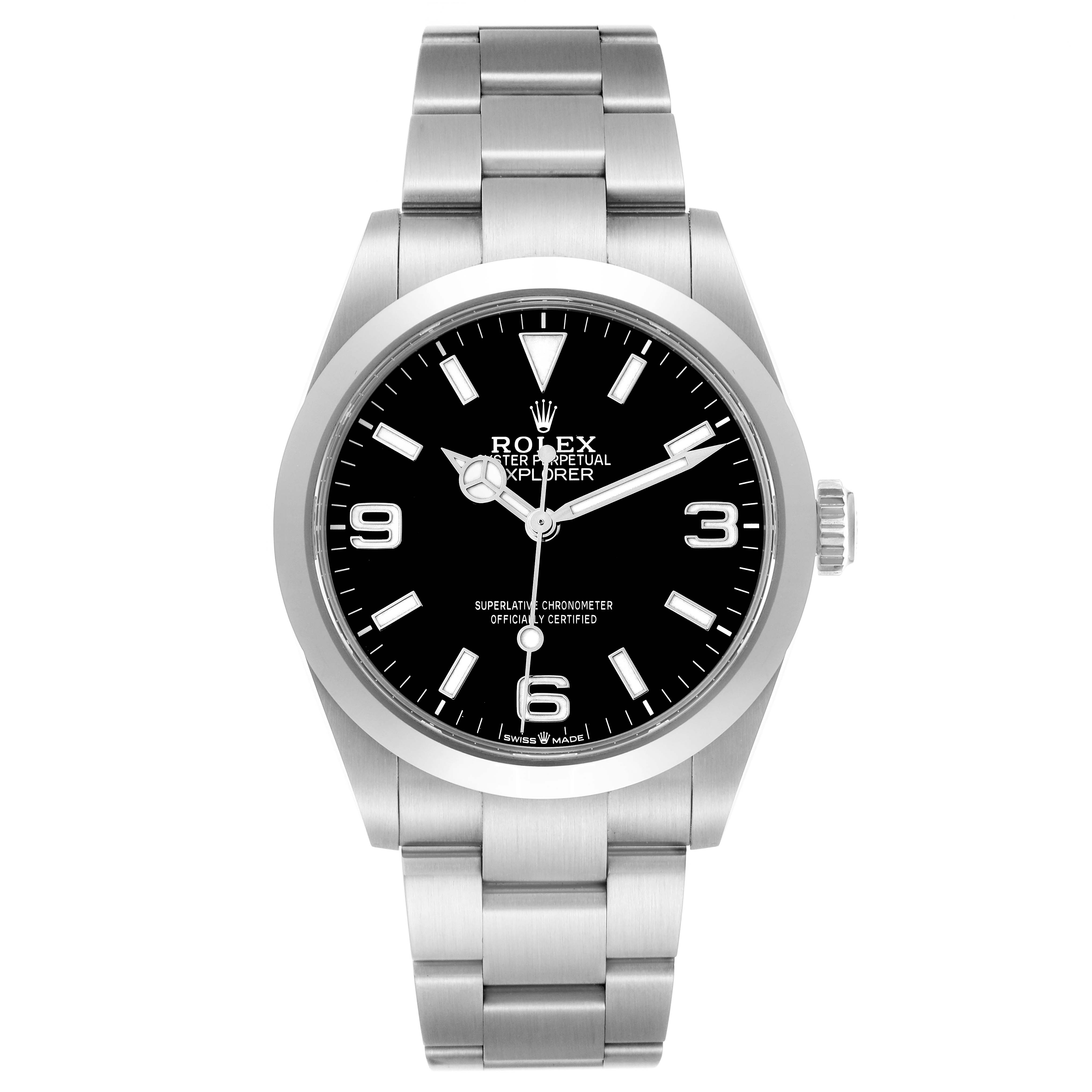 The Rolex Explorer 224270 Men
s Stainless Steel Black Dial 224270 Men
s Stainless Steel Black Dial watch is shown front-facing, displaying the dial, bezel, bracelet, and crown.