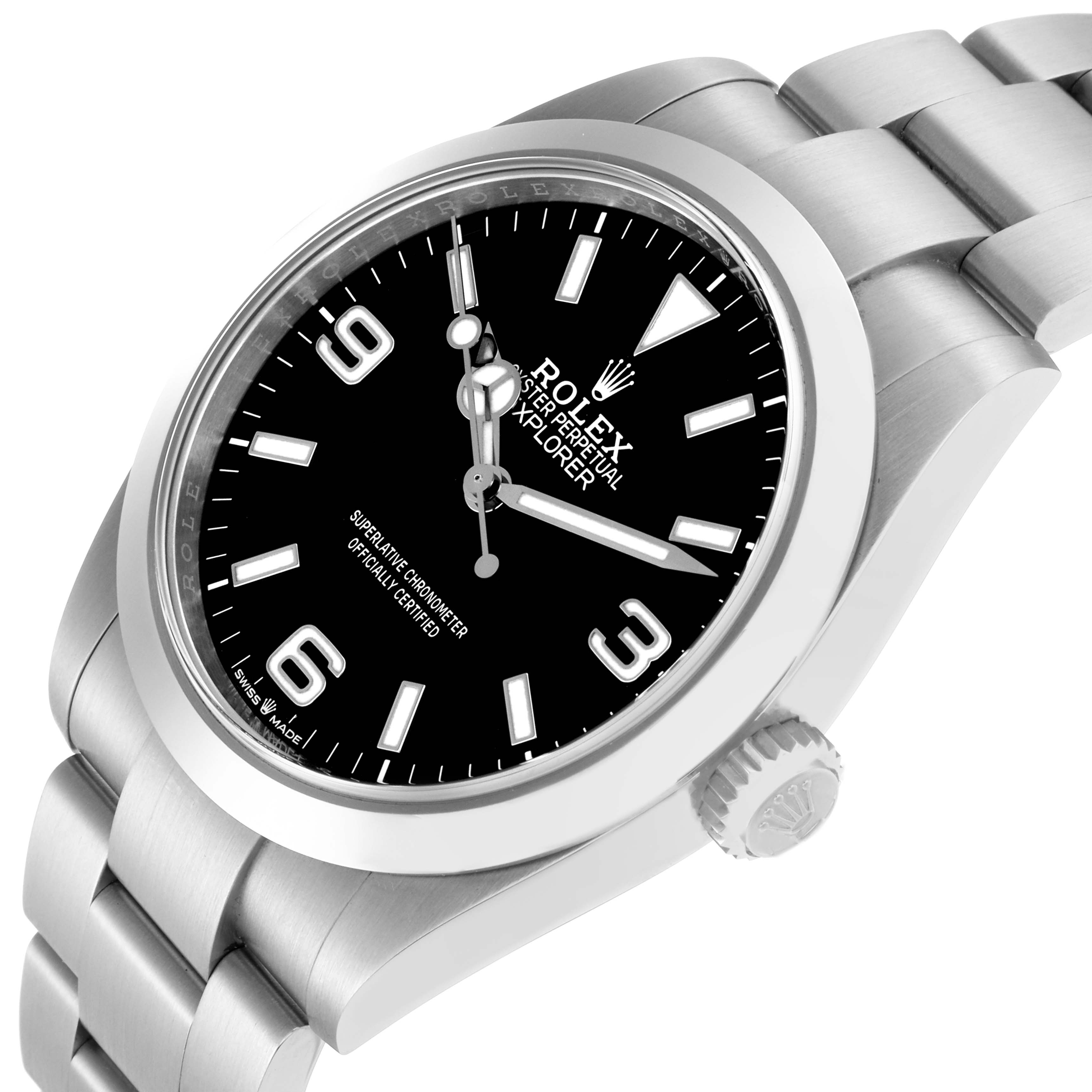 The Rolex Explorer 224270 Men
s Stainless Steel Black Dial 224270 Men
s Stainless Steel Black Dial watch is shown at a slight angle, displaying the dial, bezel, crown, and part of the bracelet.