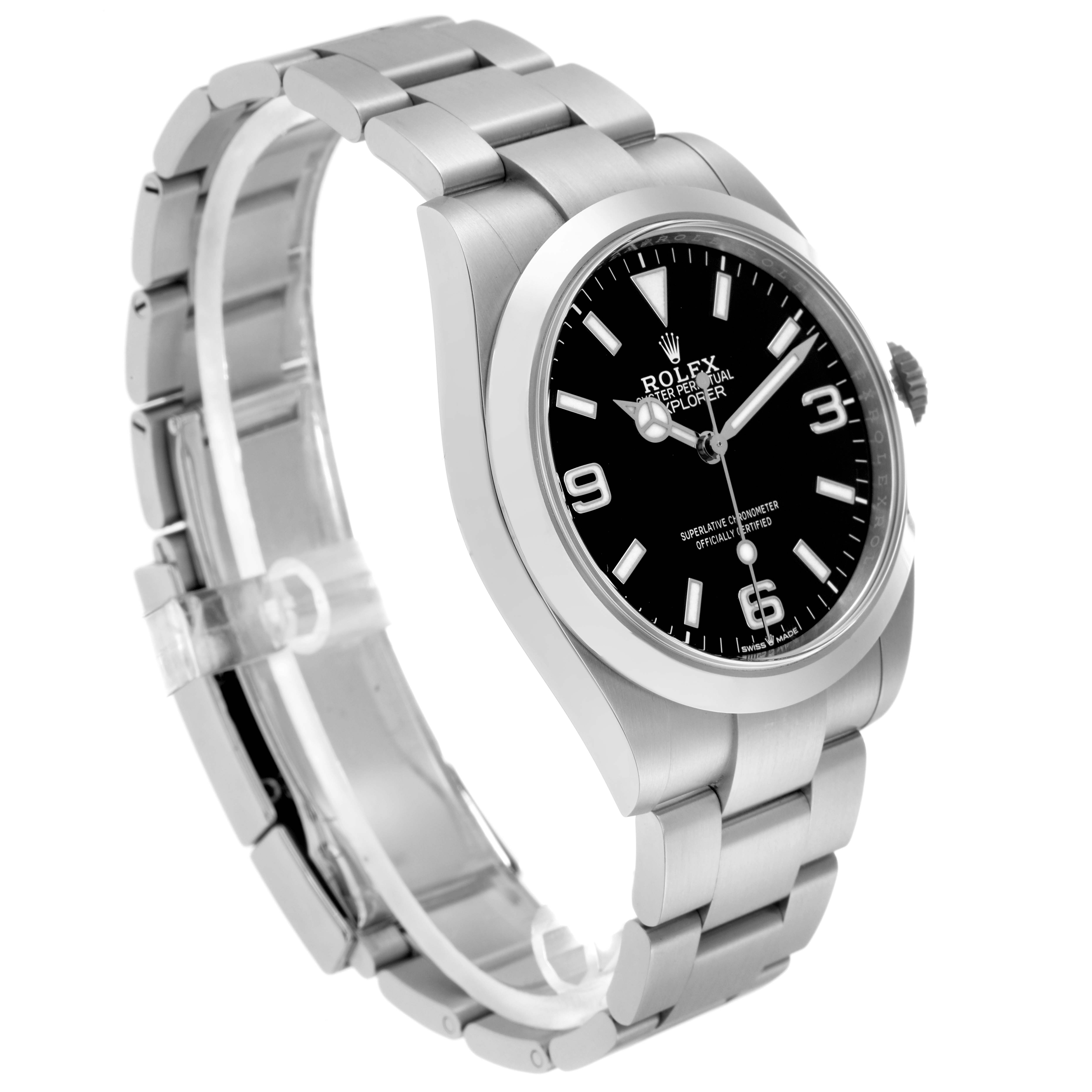 The Rolex Explorer 224270 Men
s Stainless Steel Black Dial 224270 Men
s Stainless Steel Black Dial watch is shown at a three-quarter angle, highlighting the face, bezel, crown, and bracelet.
