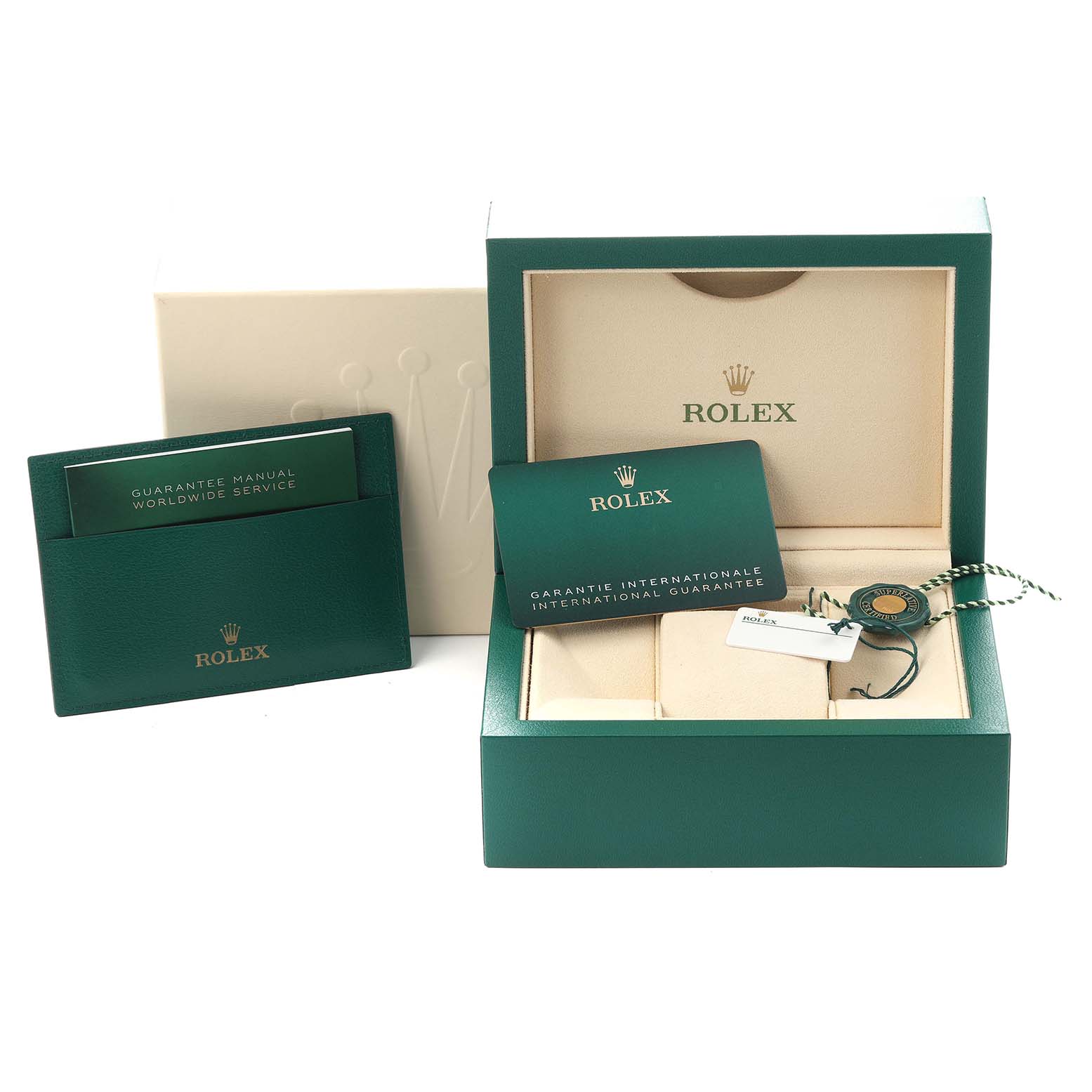 The image shows the Rolex Explorer 224270 Men
s Stainless Steel Black Dial 224270 Men
s Stainless Steel Black Dial watch box, warranty card, manual, and accessories with a green color theme.