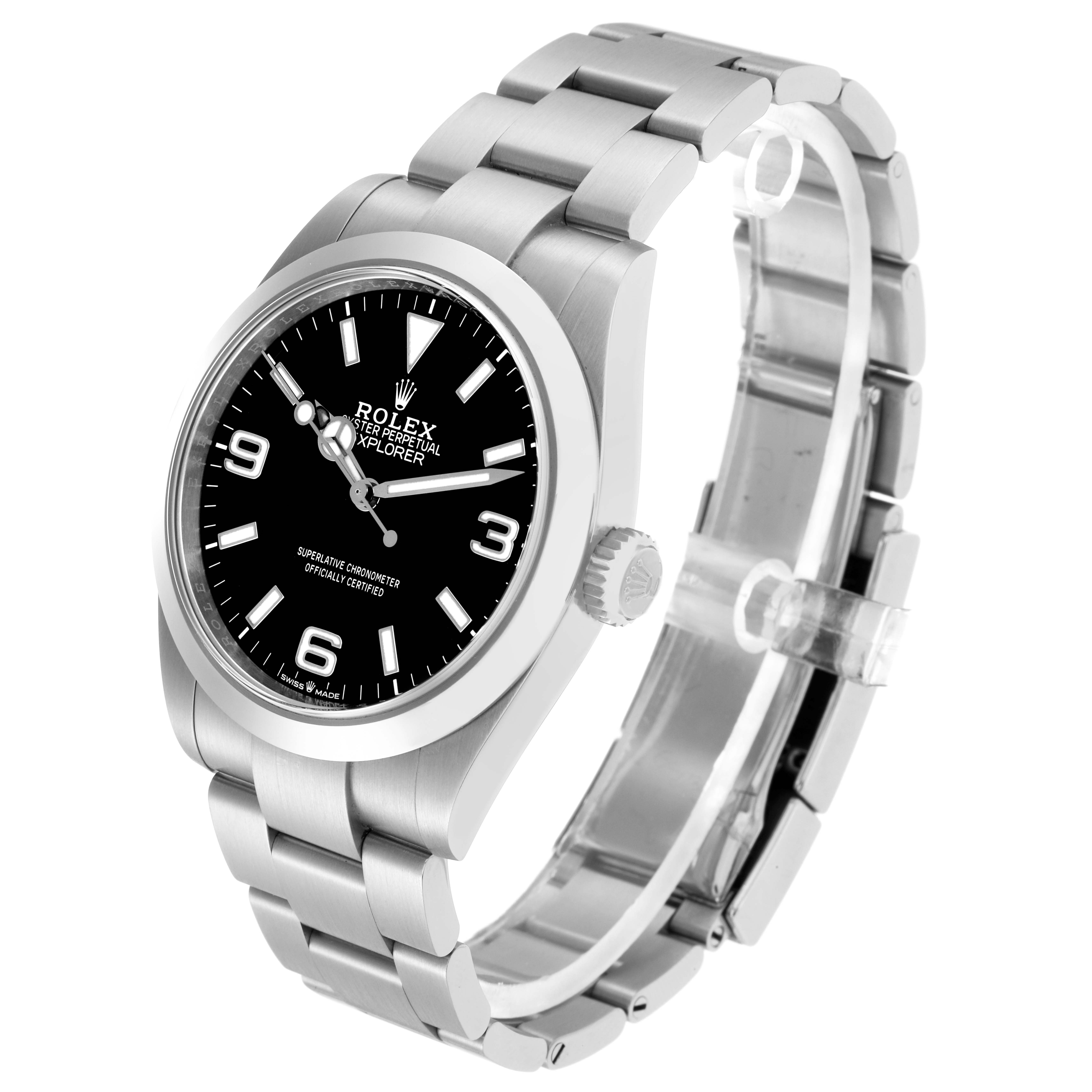 The Rolex Explorer 224270 Men
s Stainless Steel Black Dial 224270 Men
s Stainless Steel Black Dial watch is shown at a three-quarter angle highlighting its dial, crown, and bracelet.