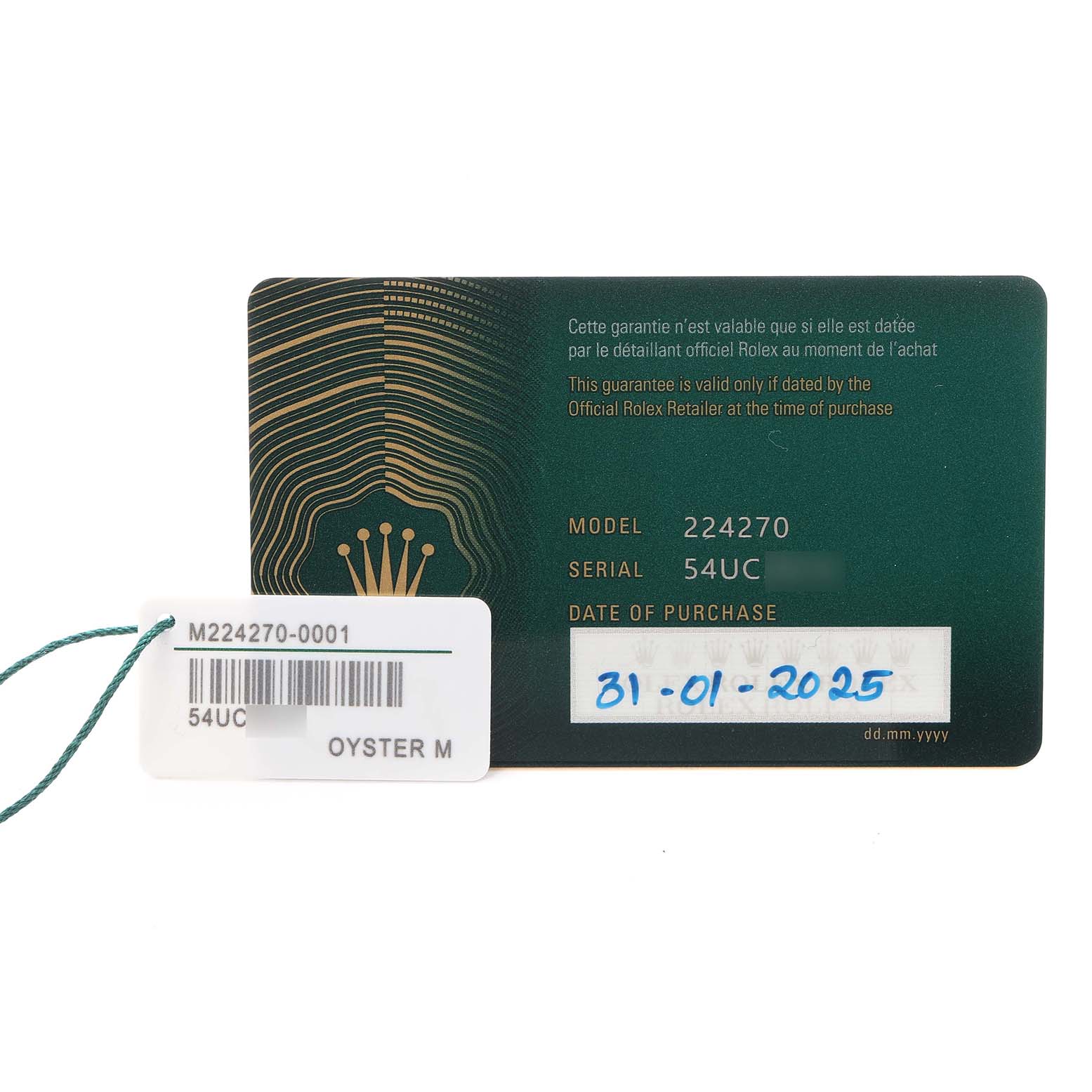 The image shows the warranty card and tag for the Rolex Explorer 224270 Men
s Stainless Steel Black Dial 224270 Men
s Stainless Steel Black Dial model, displaying the model and serial number details.