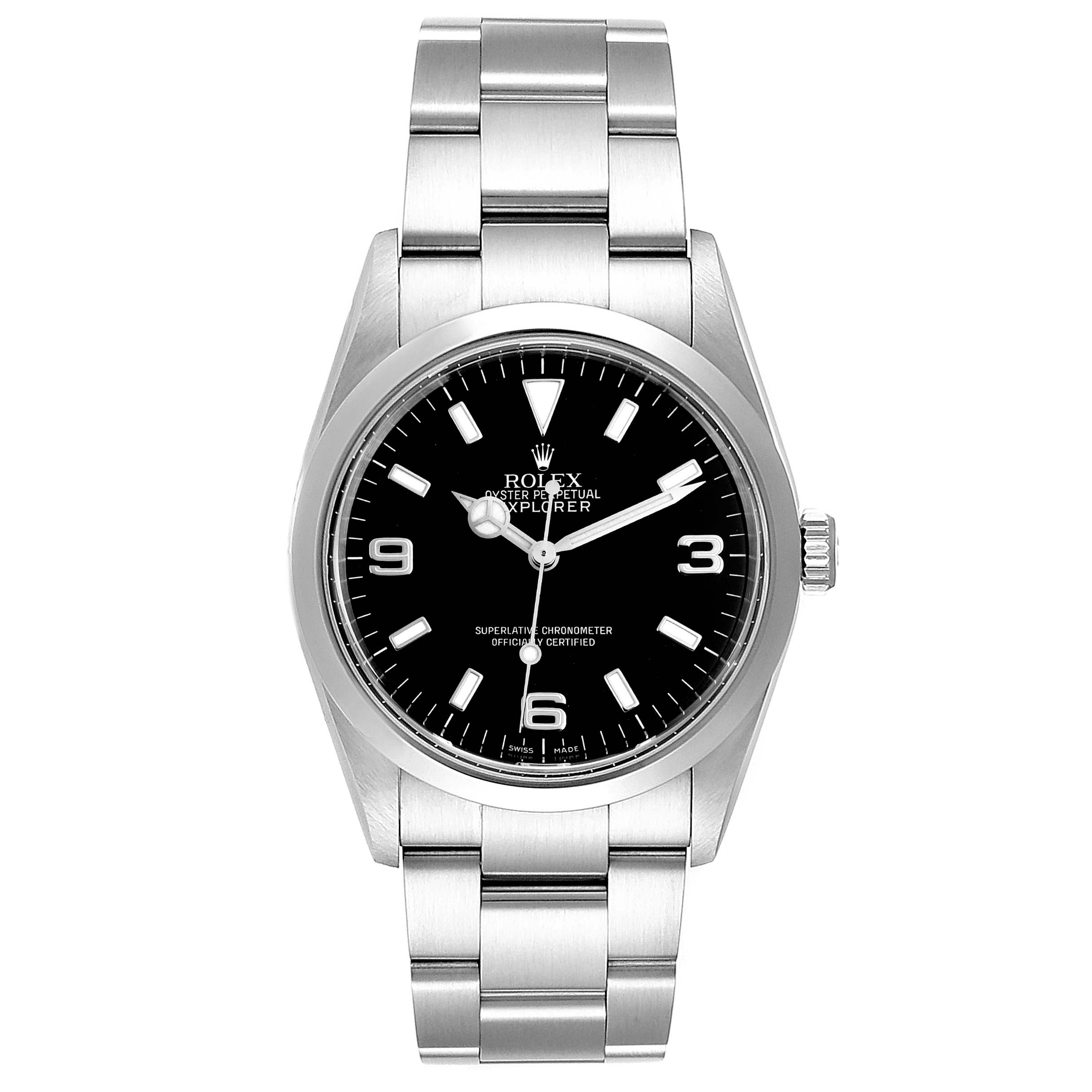 The image shows a front view of a Rolex Explorer 114270 Men
s Stainless Steel Black Dial 114270 Men
s Stainless Steel Black Dial watch, highlighting its black dial, metal bracelet, and stainless steel case.