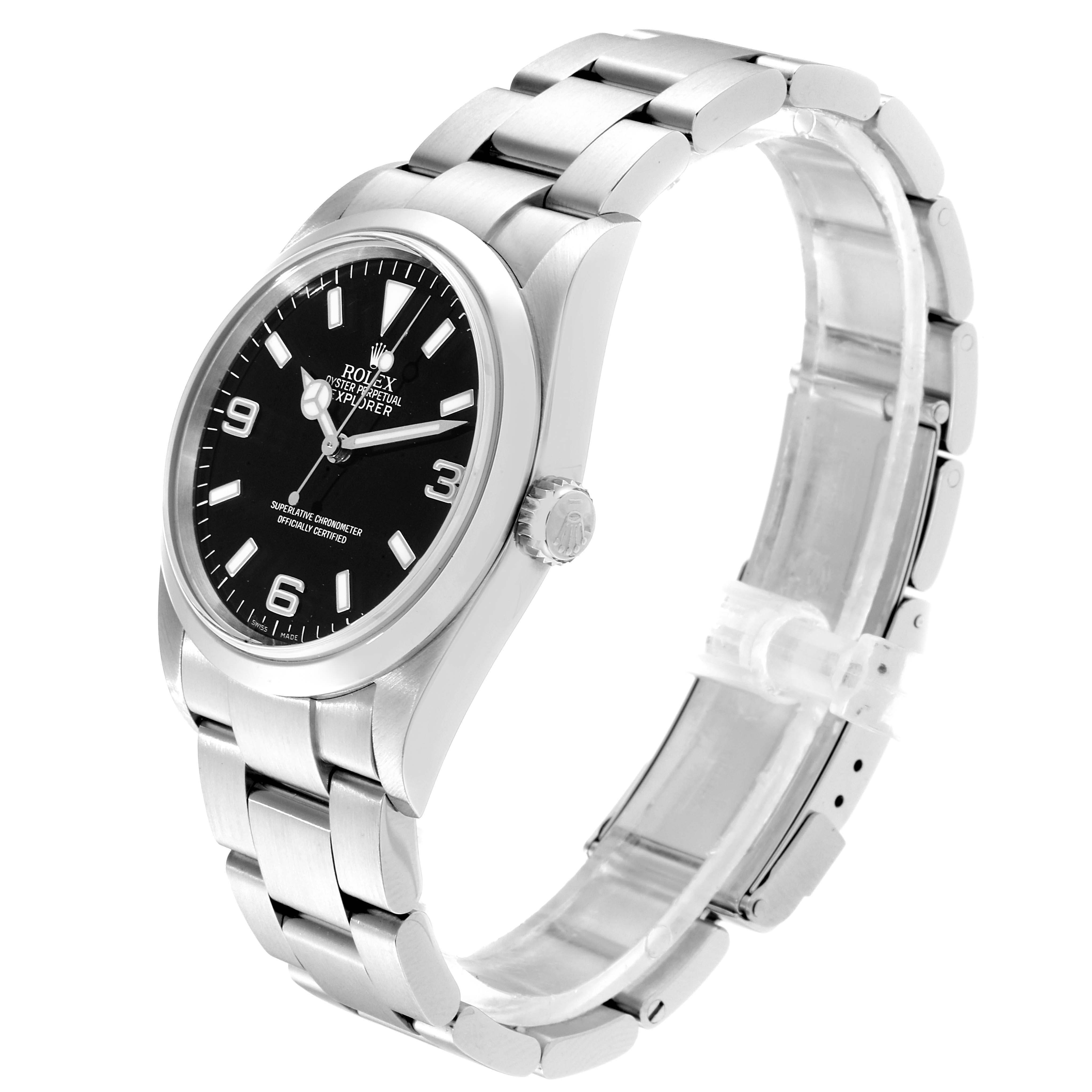 The Rolex Explorer 114270 Men
s Stainless Steel Black Dial 114270 Men
s Stainless Steel Black Dial watch is shown at an angle featuring its black dial, bezel, and stainless steel bracelet.