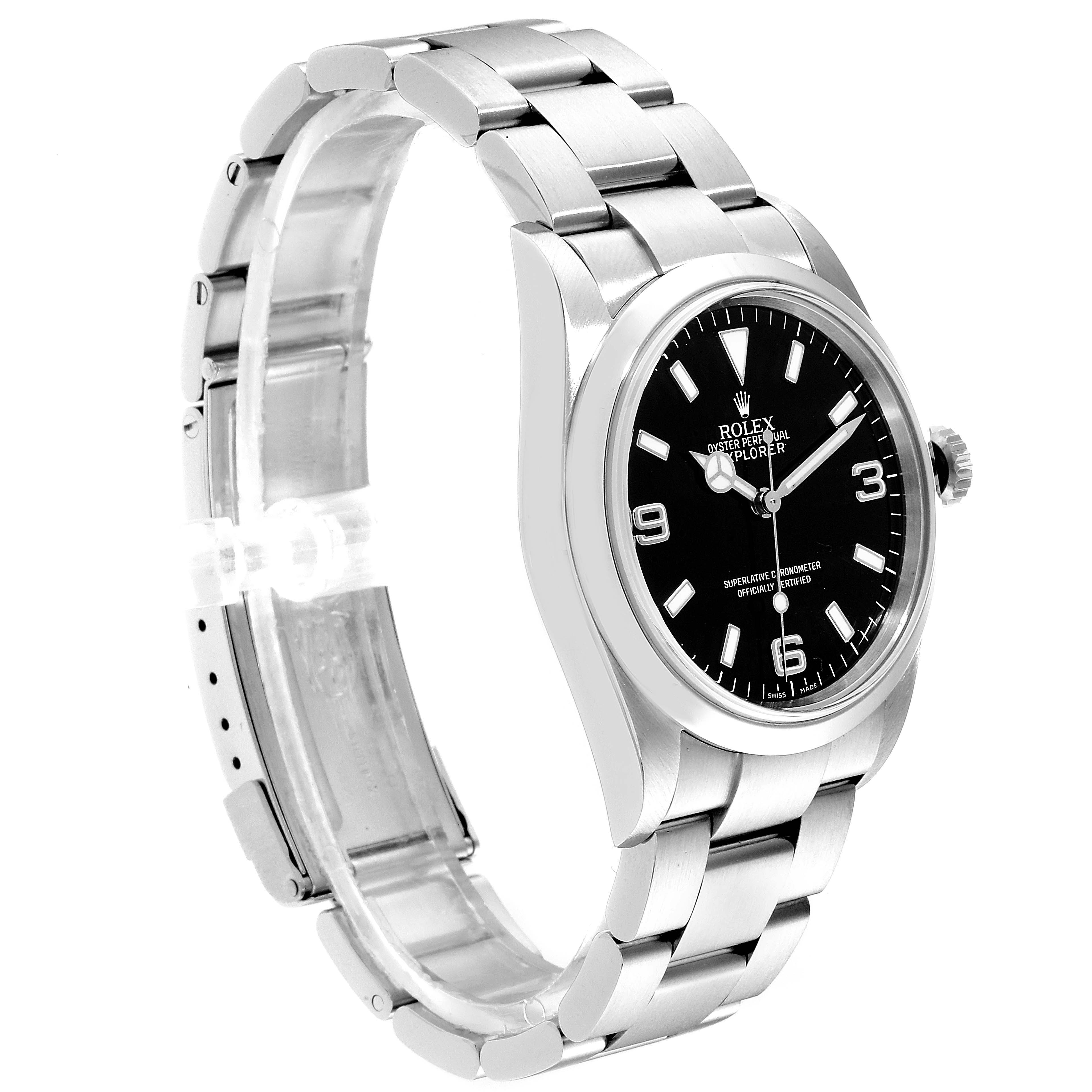 The Rolex Explorer 114270 Men
s Stainless Steel Black Dial 114270 Men
s Stainless Steel Black Dial watch is shown at a slight side angle, displaying its black dial, bezel, and stainless steel bracelet.