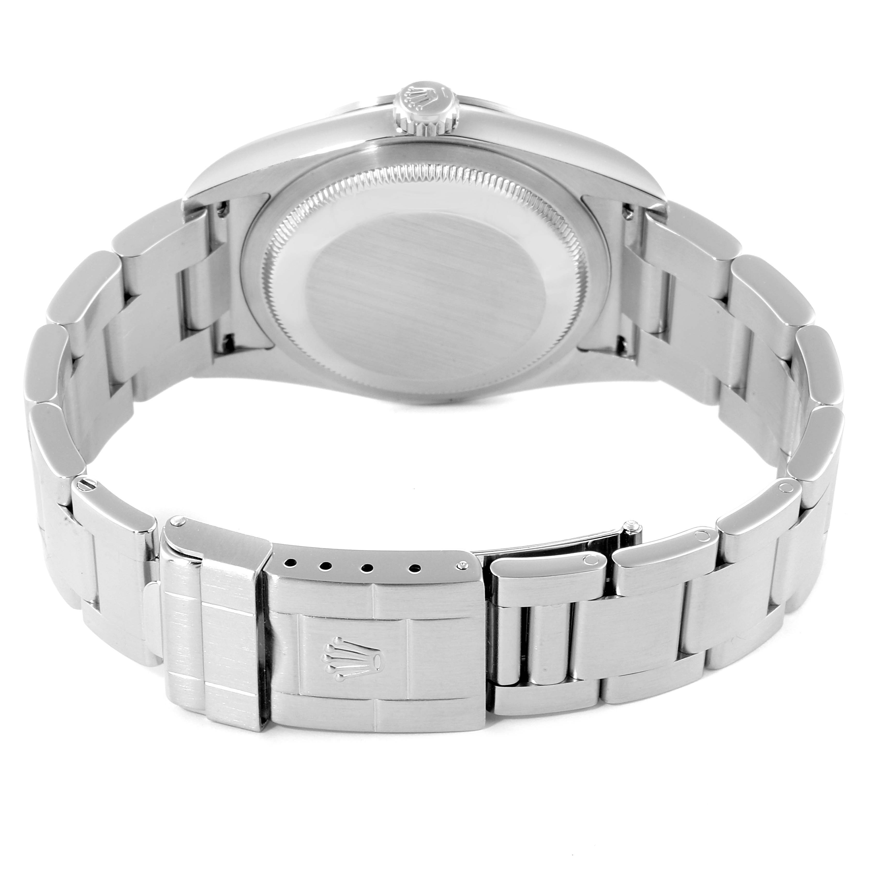 The image shows the back view of the Rolex Explorer 114270 Men
s Stainless Steel Black Dial 114270 Men
s Stainless Steel Black Dial watch with its closed metal bracelet and clasp.