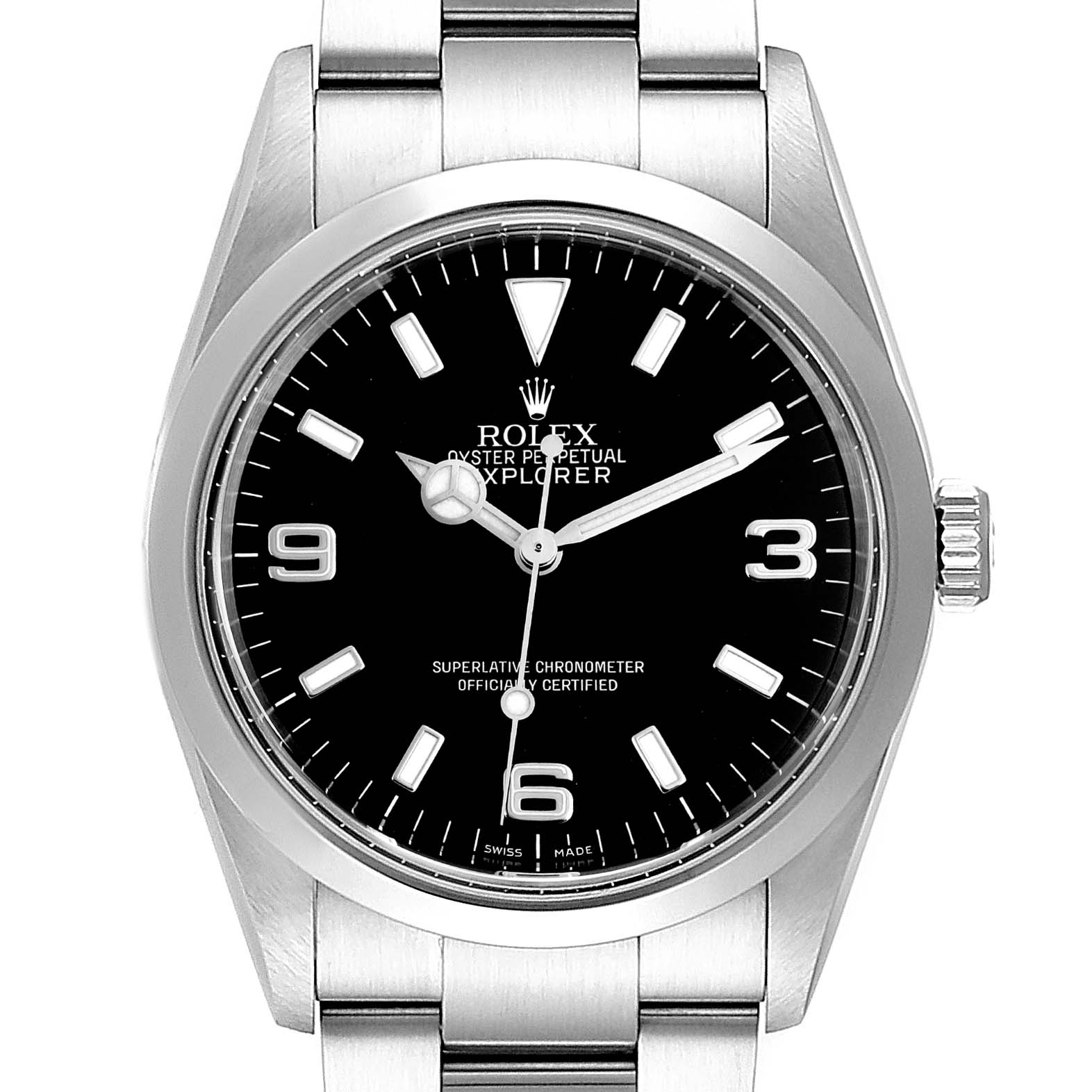 The image shows a front-facing view of a Rolex Explorer 114270 Men
s Stainless Steel Black Dial 114270 Men
s Stainless Steel Black Dial, highlighting its dial, crown, and metal bracelet.