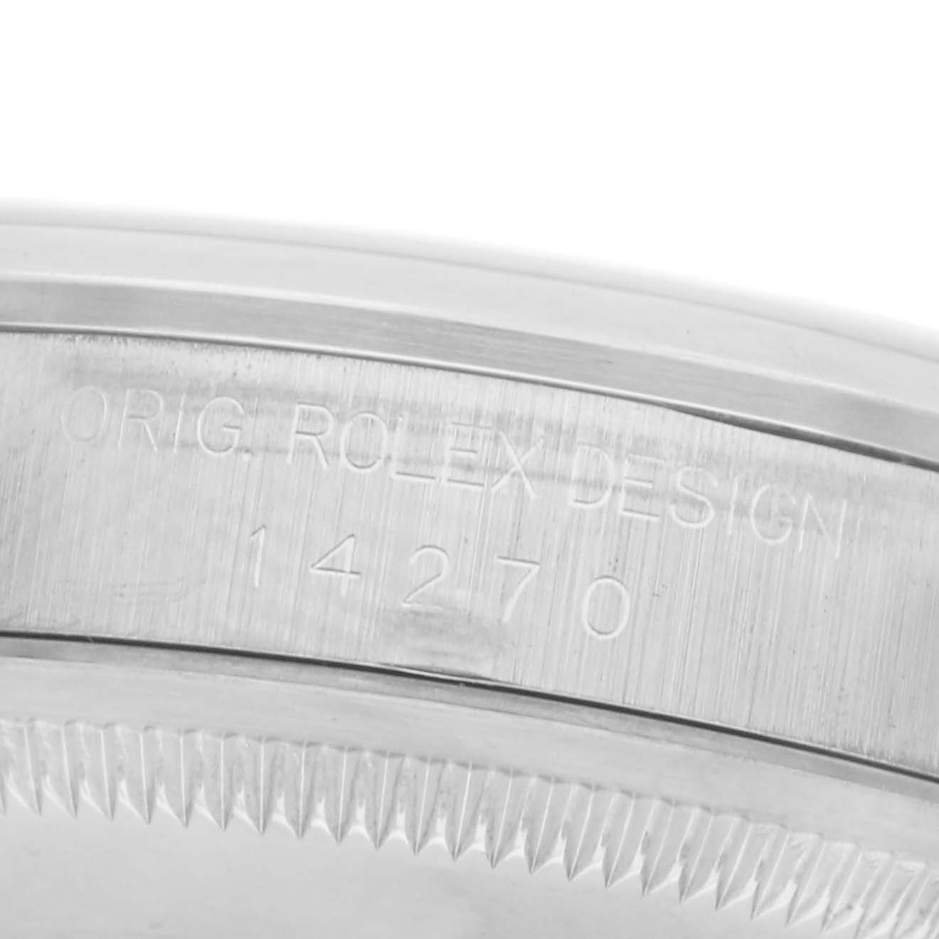 The image shows the external side view of a Rolex Explorer 14270 Men
s Stainless Steel Black Dial 14270 Men
s Stainless Steel Black Dial
s case, displaying model number "14270" engraved on the bezel.