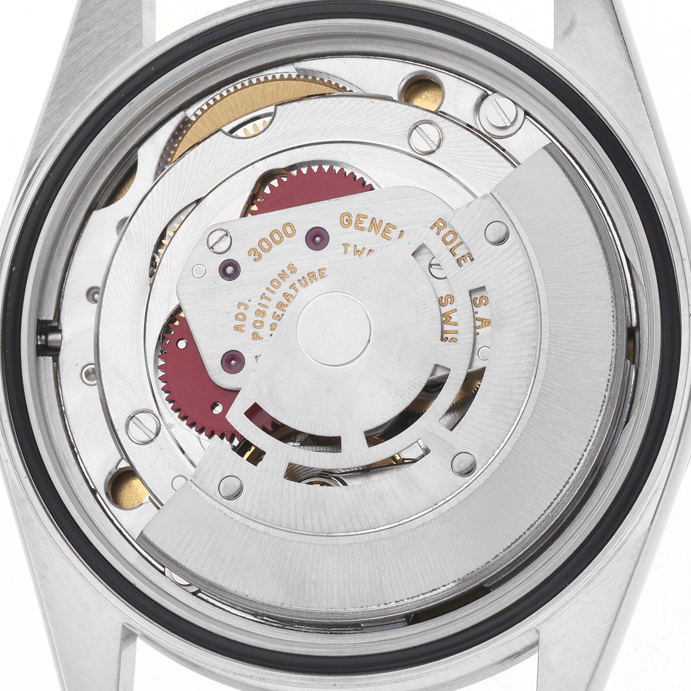 The image shows the movement mechanism of a Rolex Explorer 14270 Men
s Stainless Steel Black Dial 14270 Men
s Stainless Steel Black Dial watch from a back view, highlighting gears and the rotor.