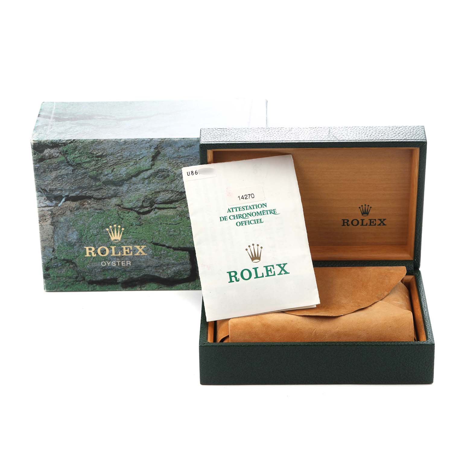 The image shows the Rolex Explorer 14270 Men
s Stainless Steel Black Dial 14270 Men
s Stainless Steel Black Dial watch box, guarantee booklet, and inner packaging.