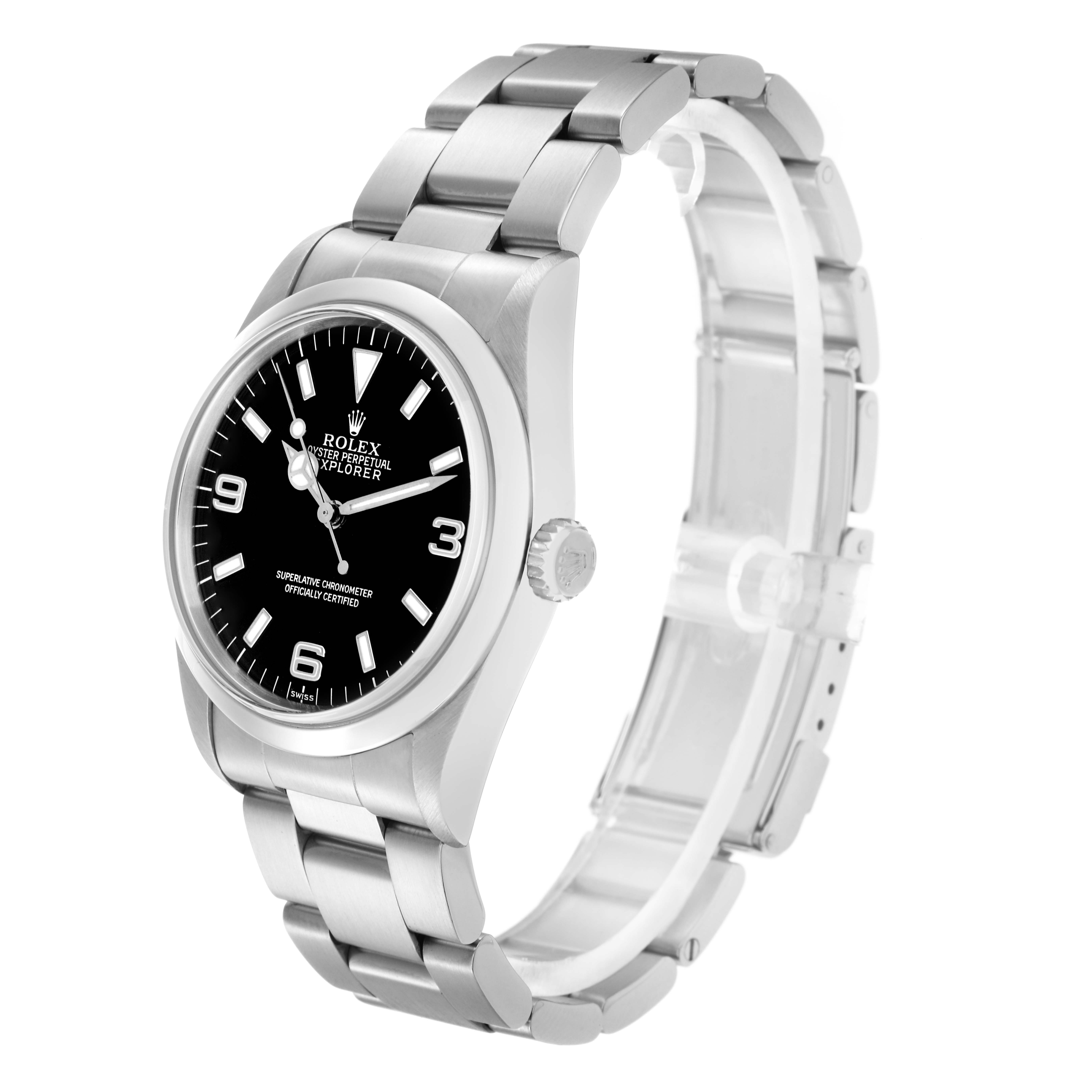 The Rolex Explorer 14270 Men
s Stainless Steel Black Dial 14270 Men
s Stainless Steel Black Dial is shown at an angled side view, displaying the bracelet, crown, and face with visible dial and markers.