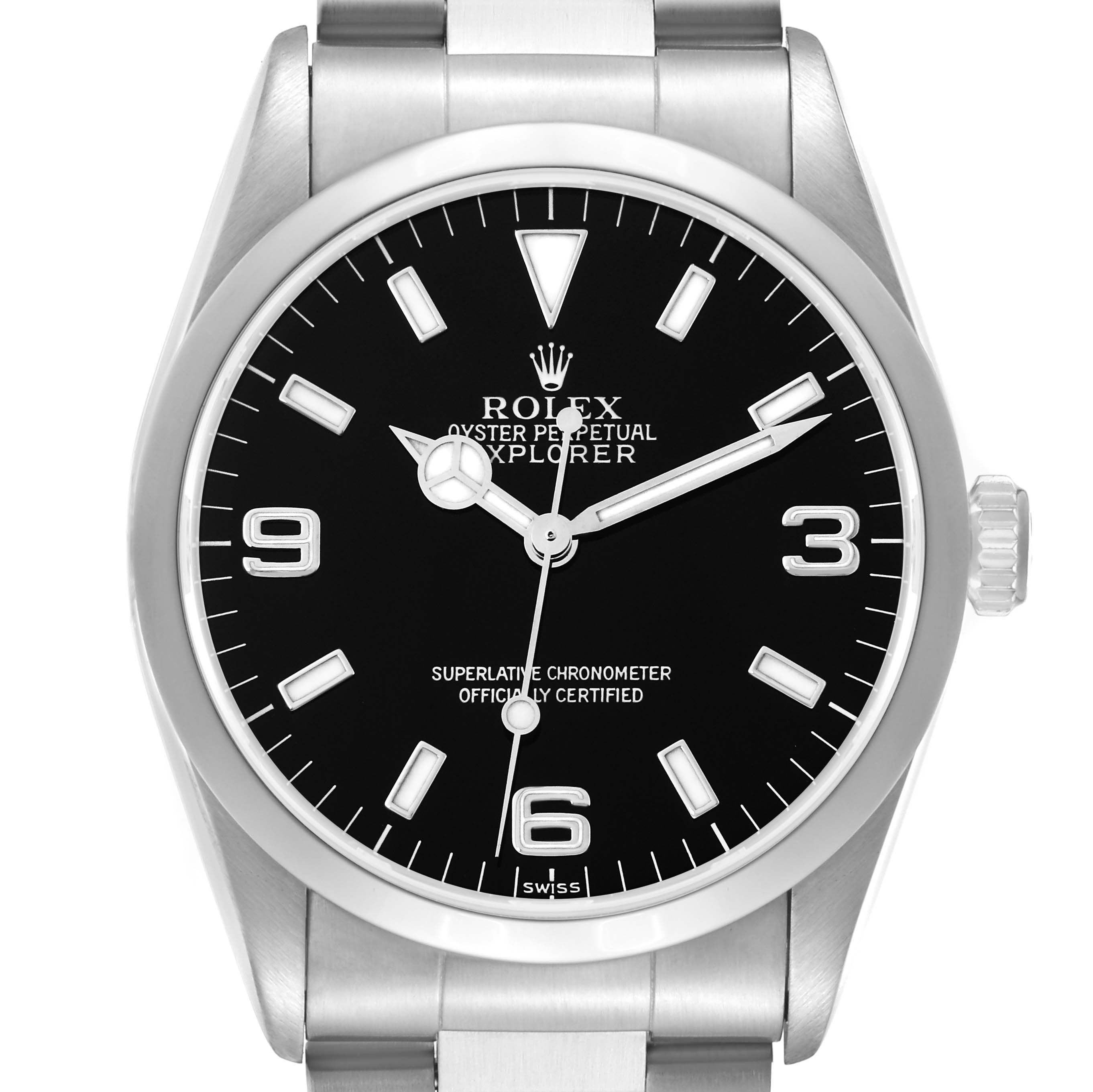 The Rolex Explorer 14270 Men
s Stainless Steel Black Dial 14270 Men
s Stainless Steel Black Dial watch is shown from a front angle, displaying the dial, bezel, and part of the bracelet.