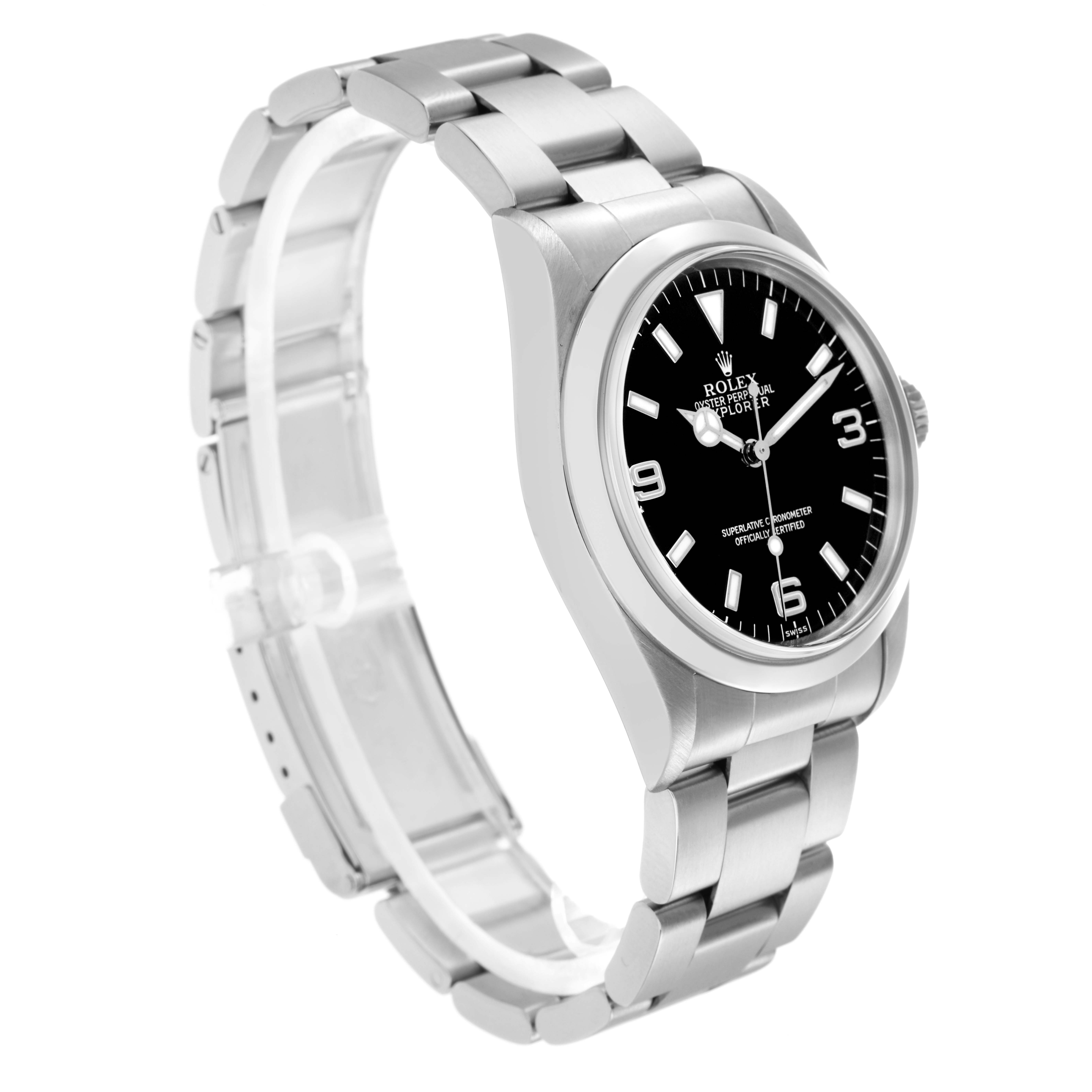 The image shows a Rolex Explorer 14270 Men
s Stainless Steel Black Dial 14270 Men
s Stainless Steel Black Dial watch from a side angle, highlighting the stainless steel bracelet and black dial.