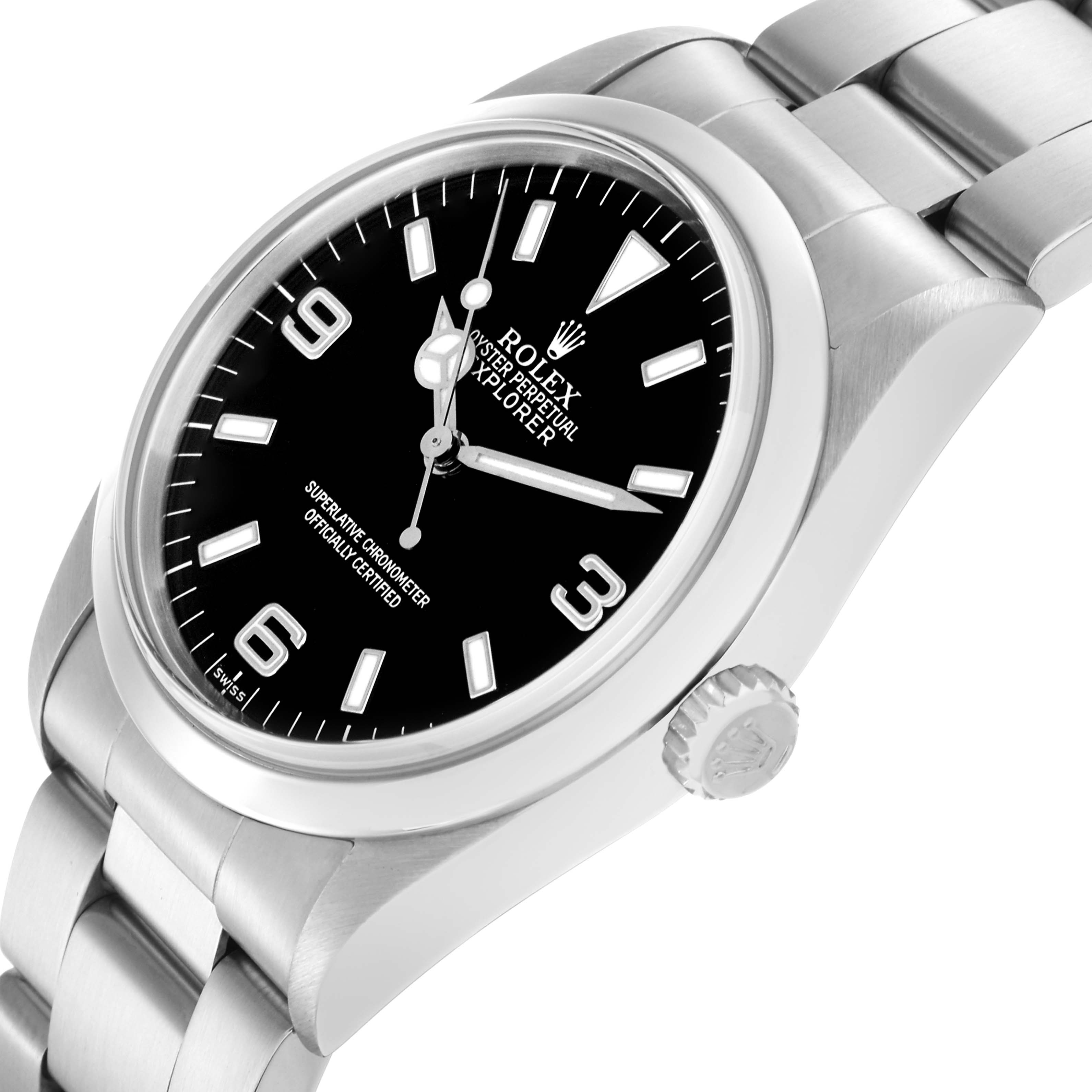 The Rolex Explorer 14270 Men
s Stainless Steel Black Dial 14270 Men
s Stainless Steel Black Dial watch is shown at an angled side view, highlighting the face, bezel, crown, and part of the bracelet.