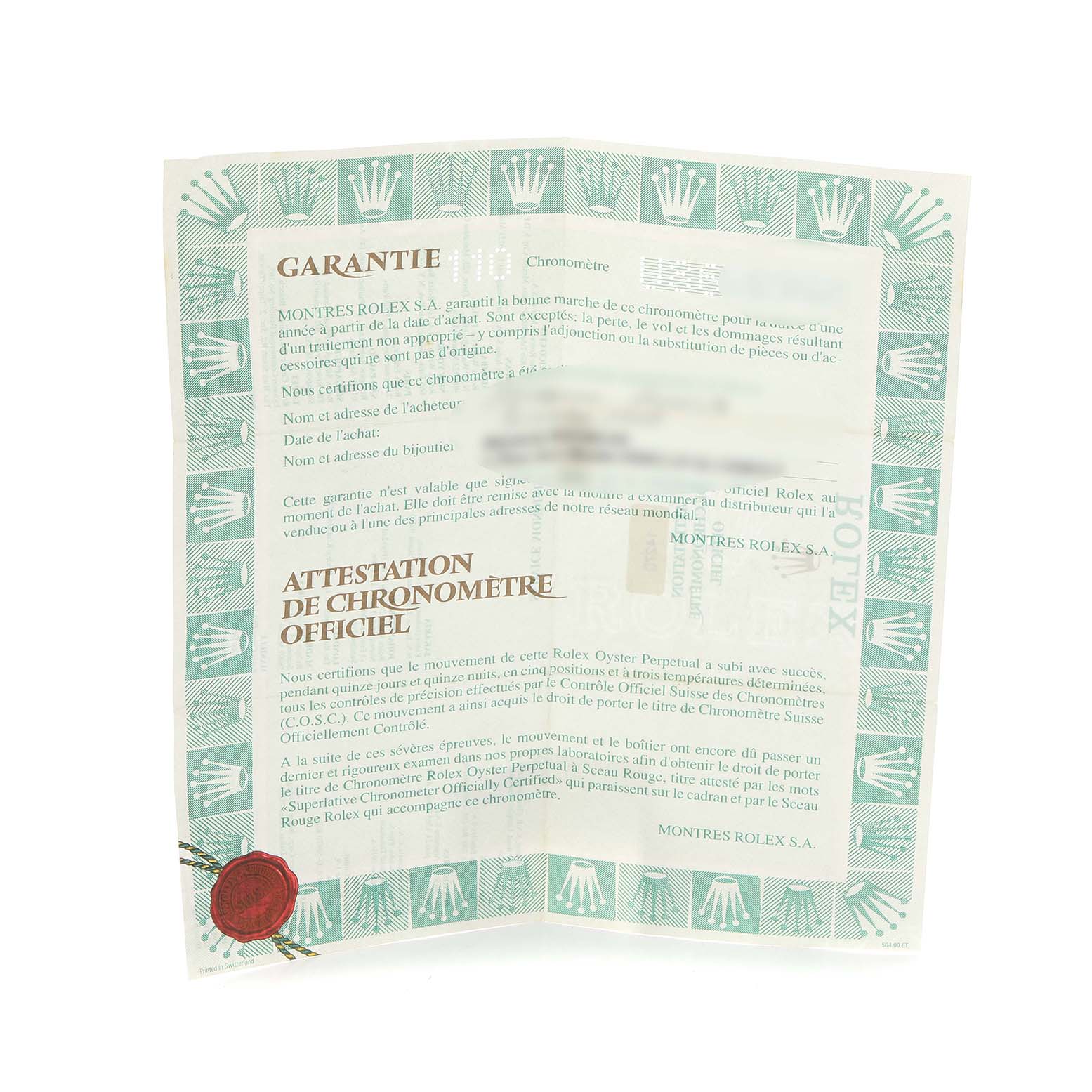 The image shows a Rolex Explorer 14270 Men
s Stainless Steel Black Dial 14270 Men
s Stainless Steel Black Dial warranty card angled slightly open, displaying text and design details.