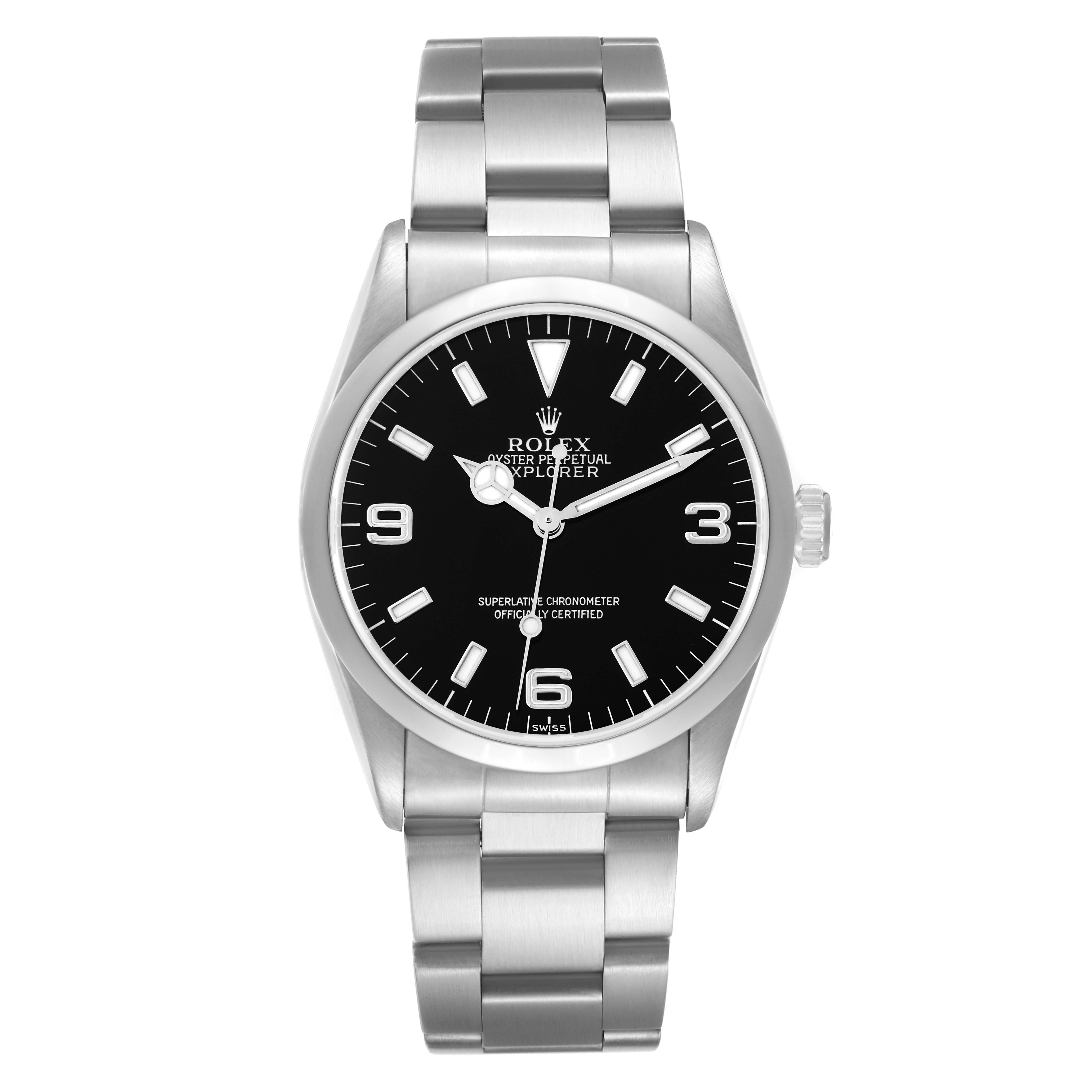 The Rolex Explorer 14270 Men
s Stainless Steel Black Dial 14270 Men
s Stainless Steel Black Dial watch is shown from the front, displaying the dial, case, bezel, and part of the bracelet.