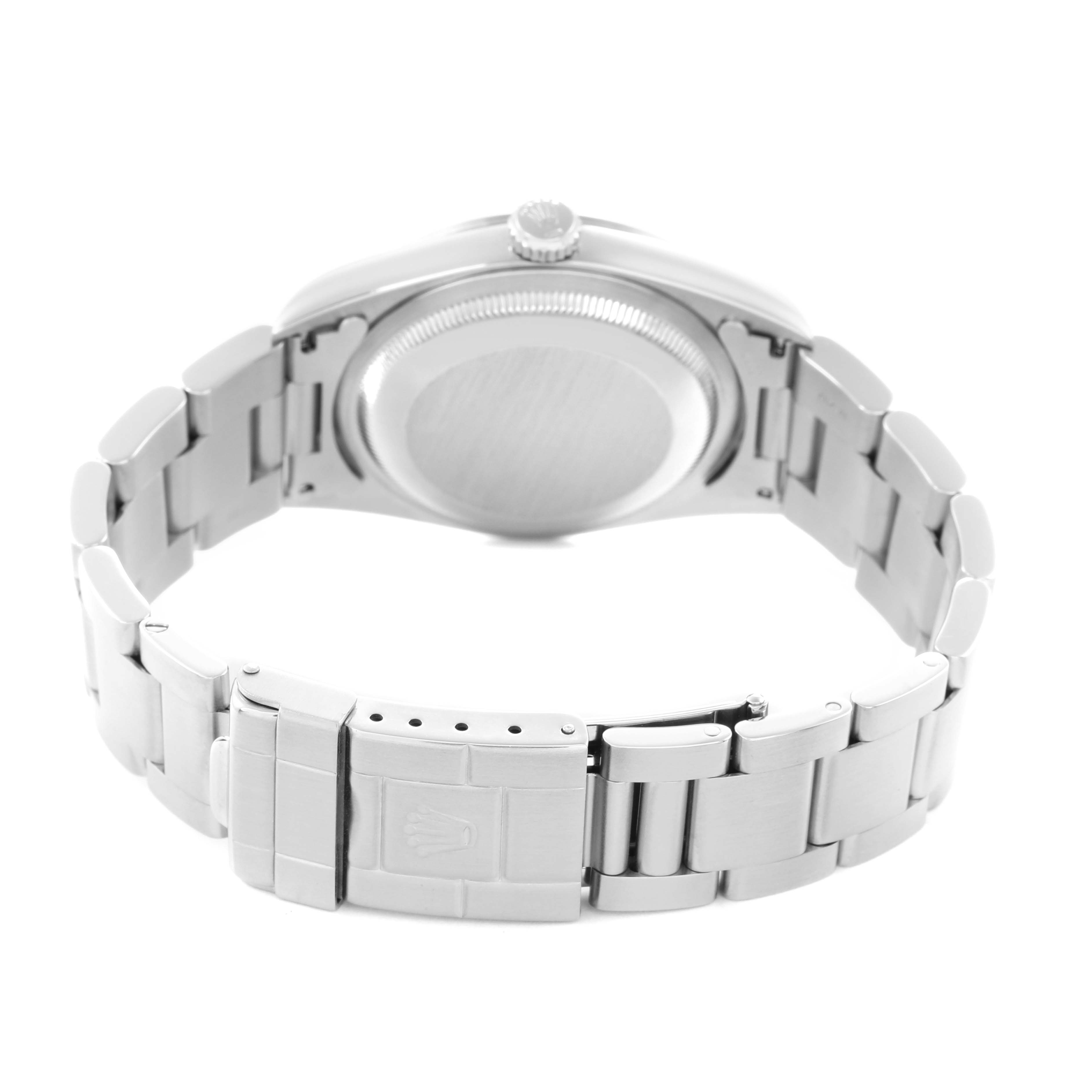 The image shows the back case and bracelet of a Rolex Explorer 14270 Men
s Stainless Steel Black Dial 14270 Men
s Stainless Steel Black Dial watch, displaying the clasp and links.