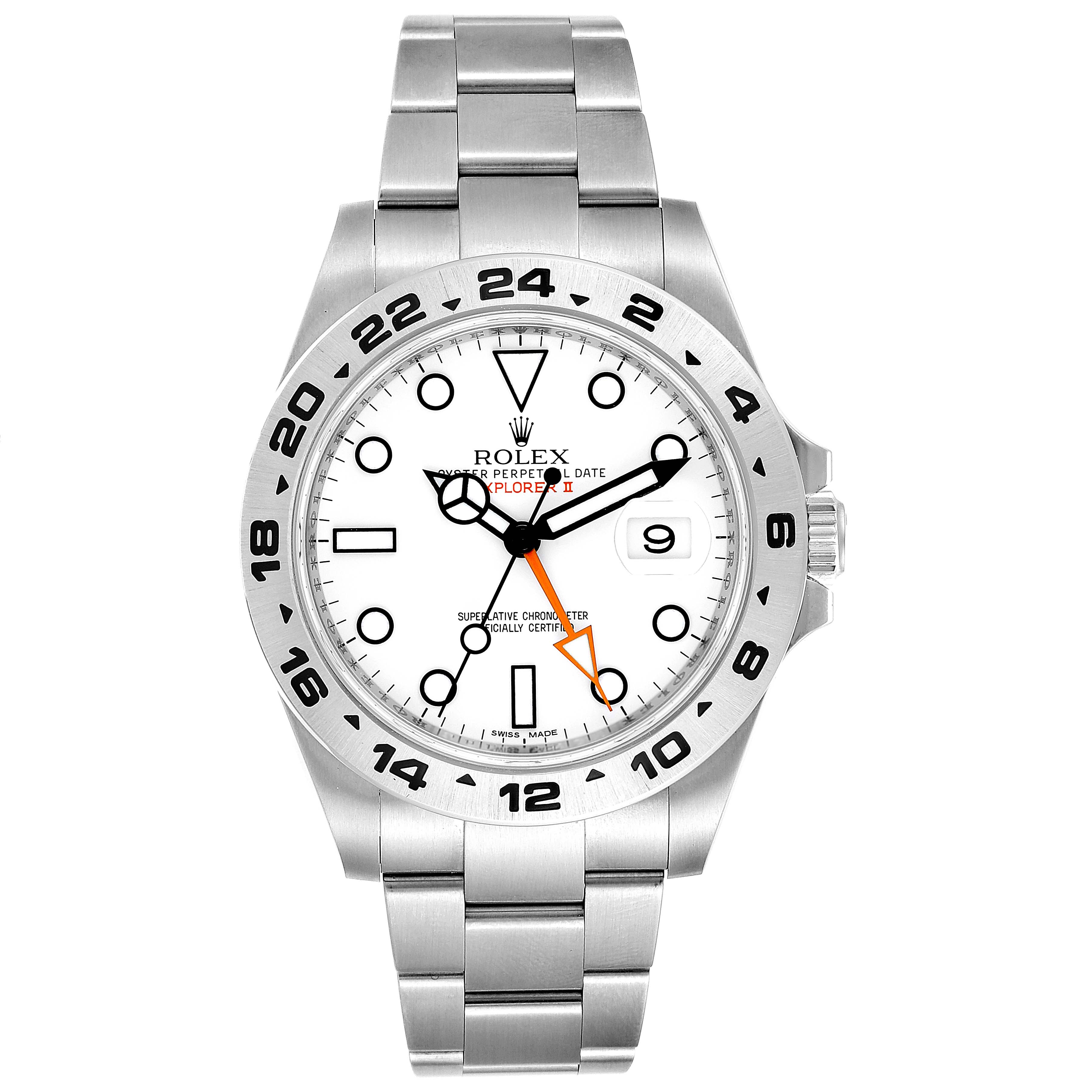 The image shows a front view of a Rolex Explorer 216570 Men's Stainless Steel White Dial 216570 Men's Stainless Steel White Dial watch, highlighting its white dial, orange GMT hand, and stainless steel bracelet.