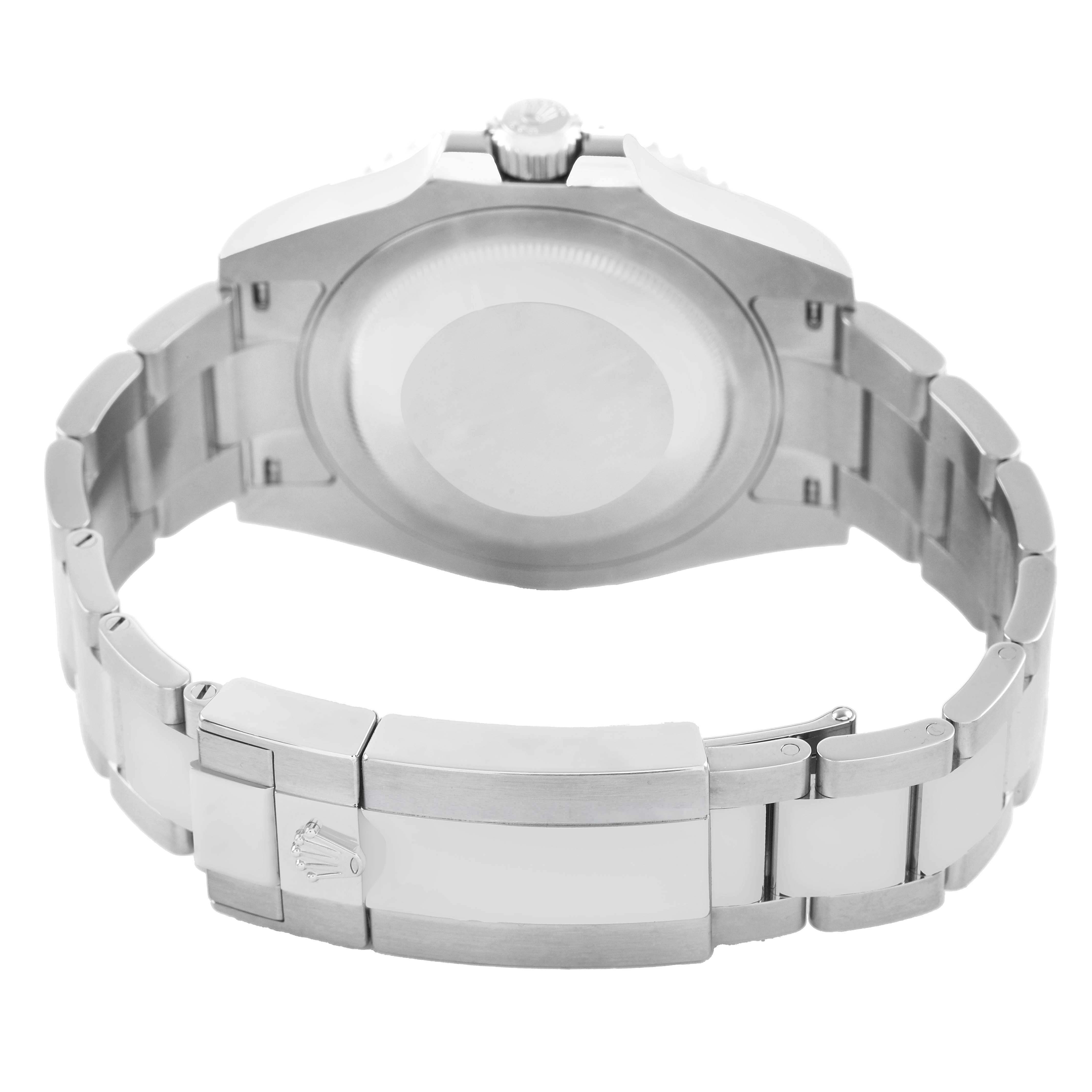The image shows the back case and bracelet clasp of a Rolex GMT-Master 126710 Men's Stainless Steel Black Dial watch from a rear angle.