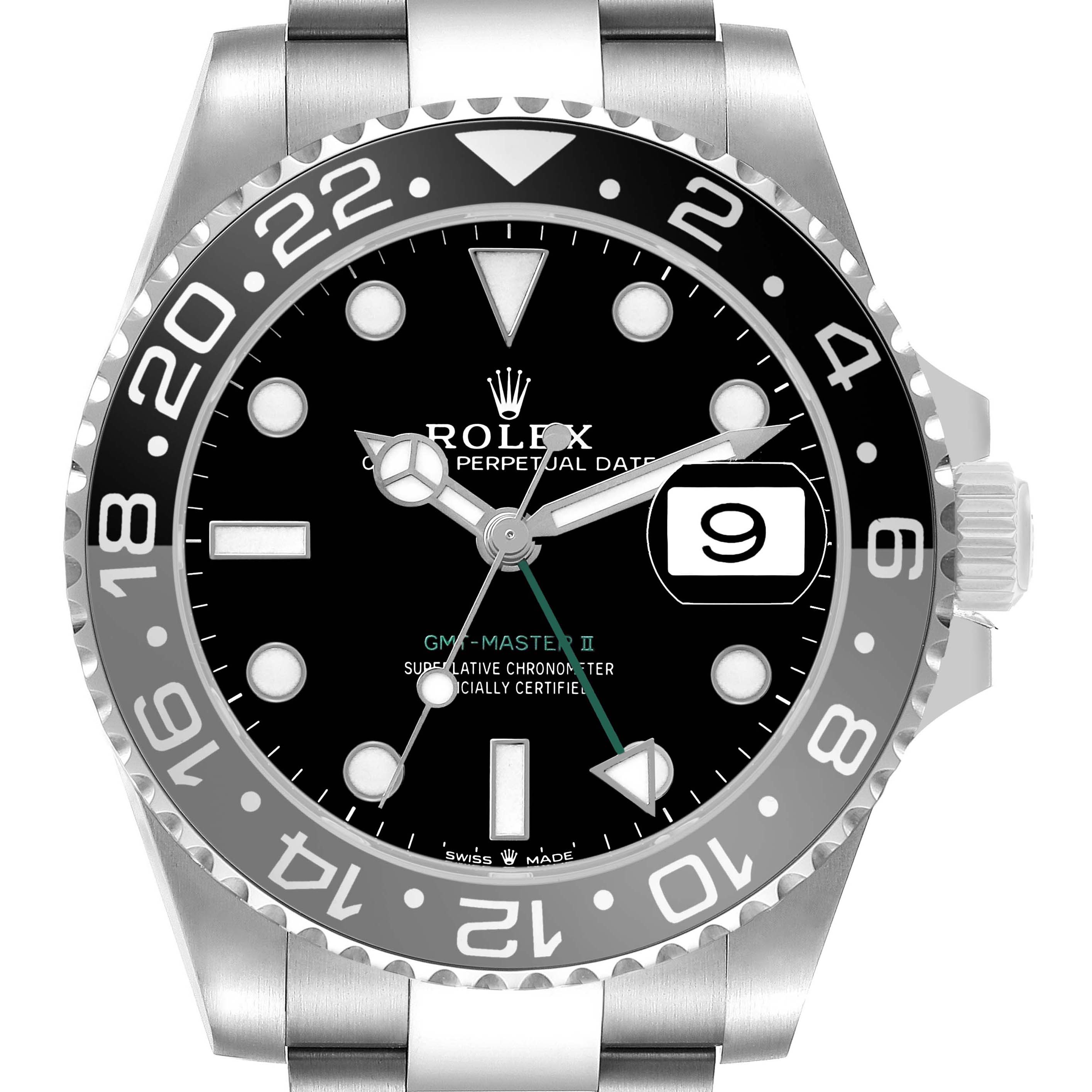 The image shows a frontal view of a Rolex GMT-Master 126710 Men's Stainless Steel Black Dial II watch, highlighting its bezel, dial, hands, and bracelet.