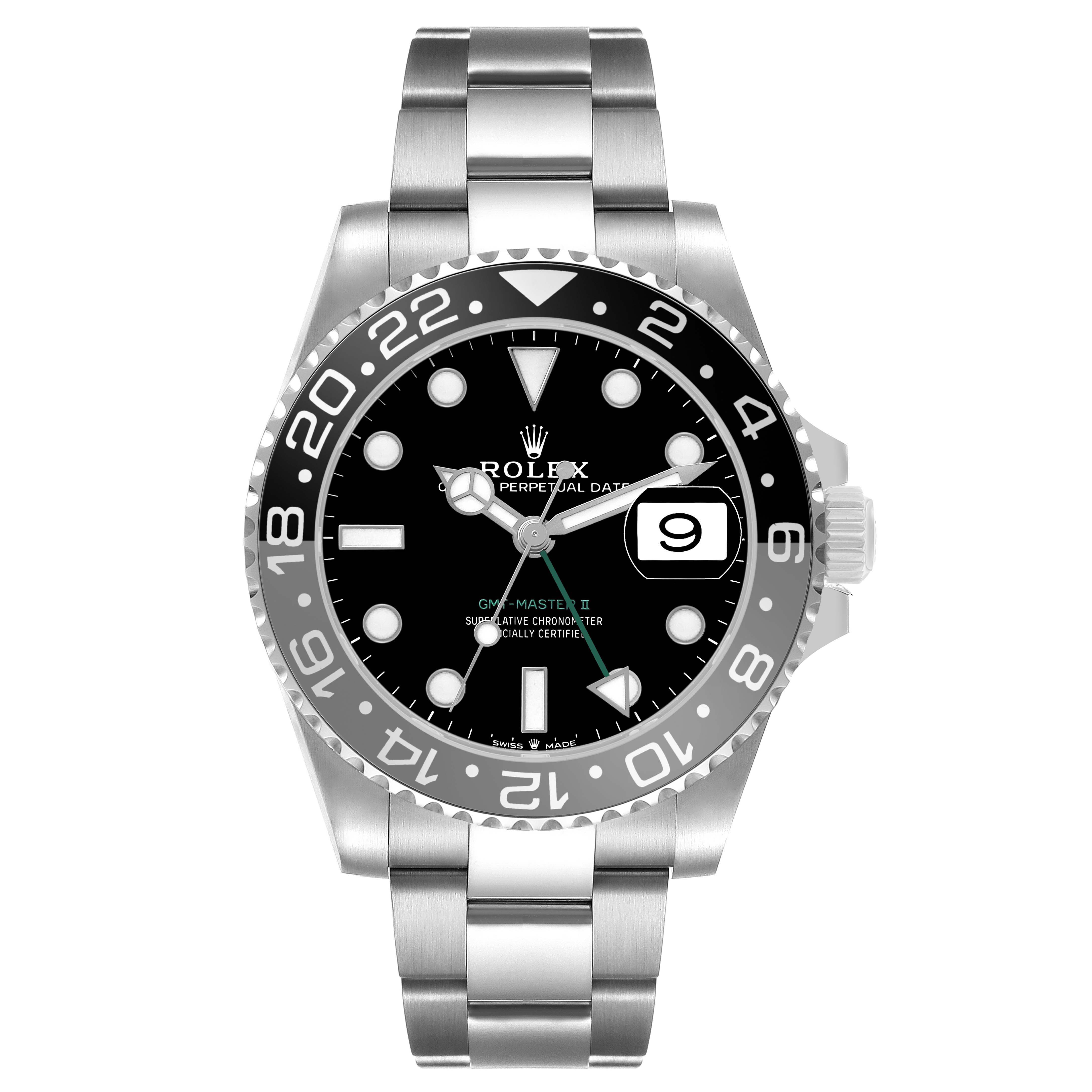 The Rolex GMT-Master 126710 Men's Stainless Steel Black Dial watch is shown from the front, displaying its dial, bezel, hands, and bracelet.
