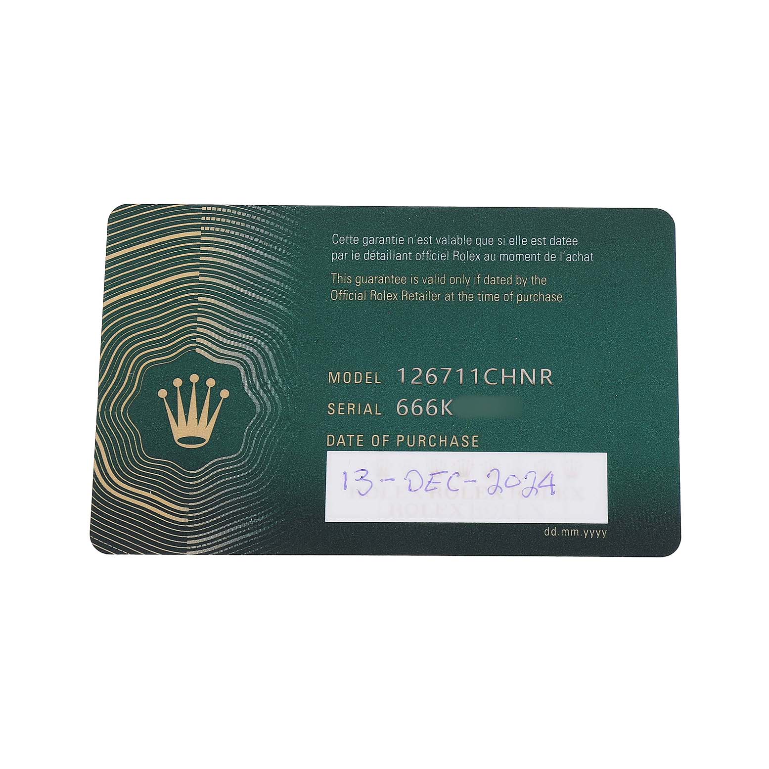 The image shows a Rolex GMT-Master 126711 Men's Steel and Gold (two tone) Black Dial warranty card with model, serial number, and purchase date details.