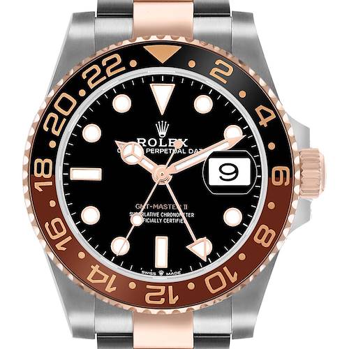 The Rolex GMT-Master 126711 Men's Steel and Gold (two tone) Black Dial II watch is shown from a front view, displaying its brown and black bezel, dial, and two-tone bracelet.
