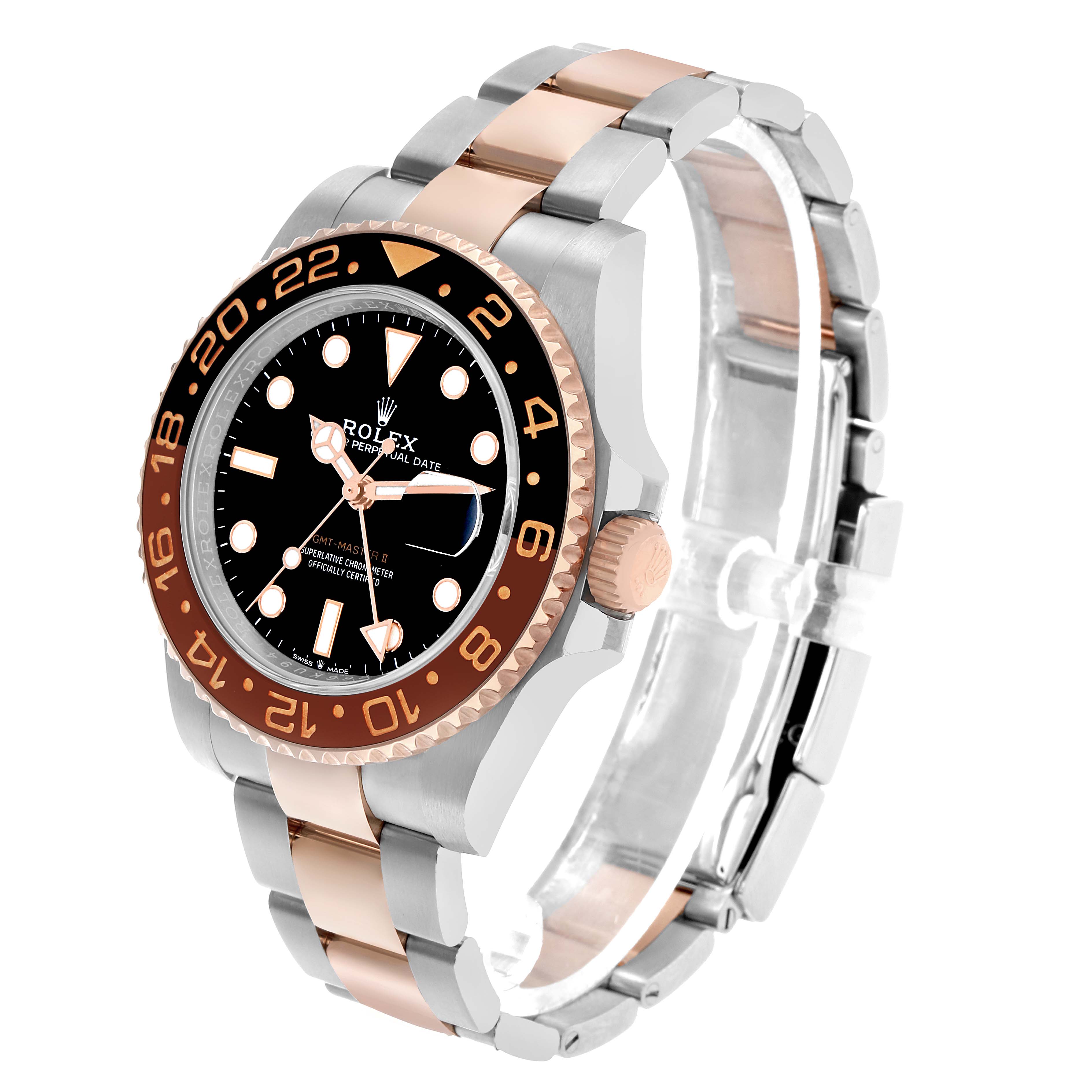 The image shows a Rolex GMT-Master 126711 Men's Steel and Gold (two tone) Black Dial watch at a three-quarter angle, highlighting the dial, bezel, and bracelet.
