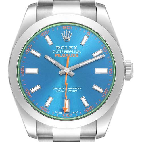 The Rolex Milgauss 116400GV Men's Stainless Steel Blue Dial watch is shown from a direct front angle, highlighting its face, hands, and bracelet links.