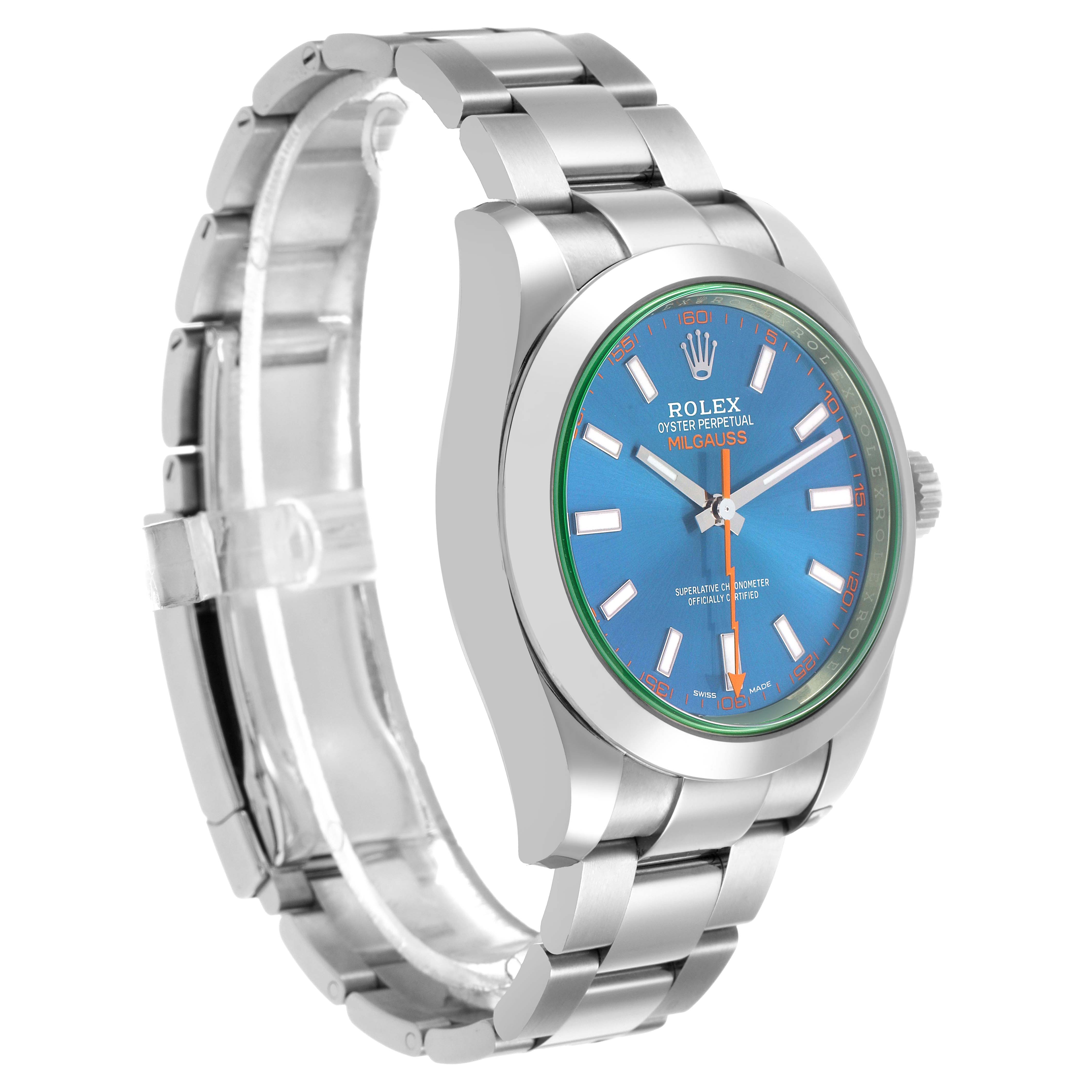 The Rolex Milgauss 116400GV Men's Stainless Steel Blue Dial watch is shown at a three-quarter angle, displaying the face, band, and case.