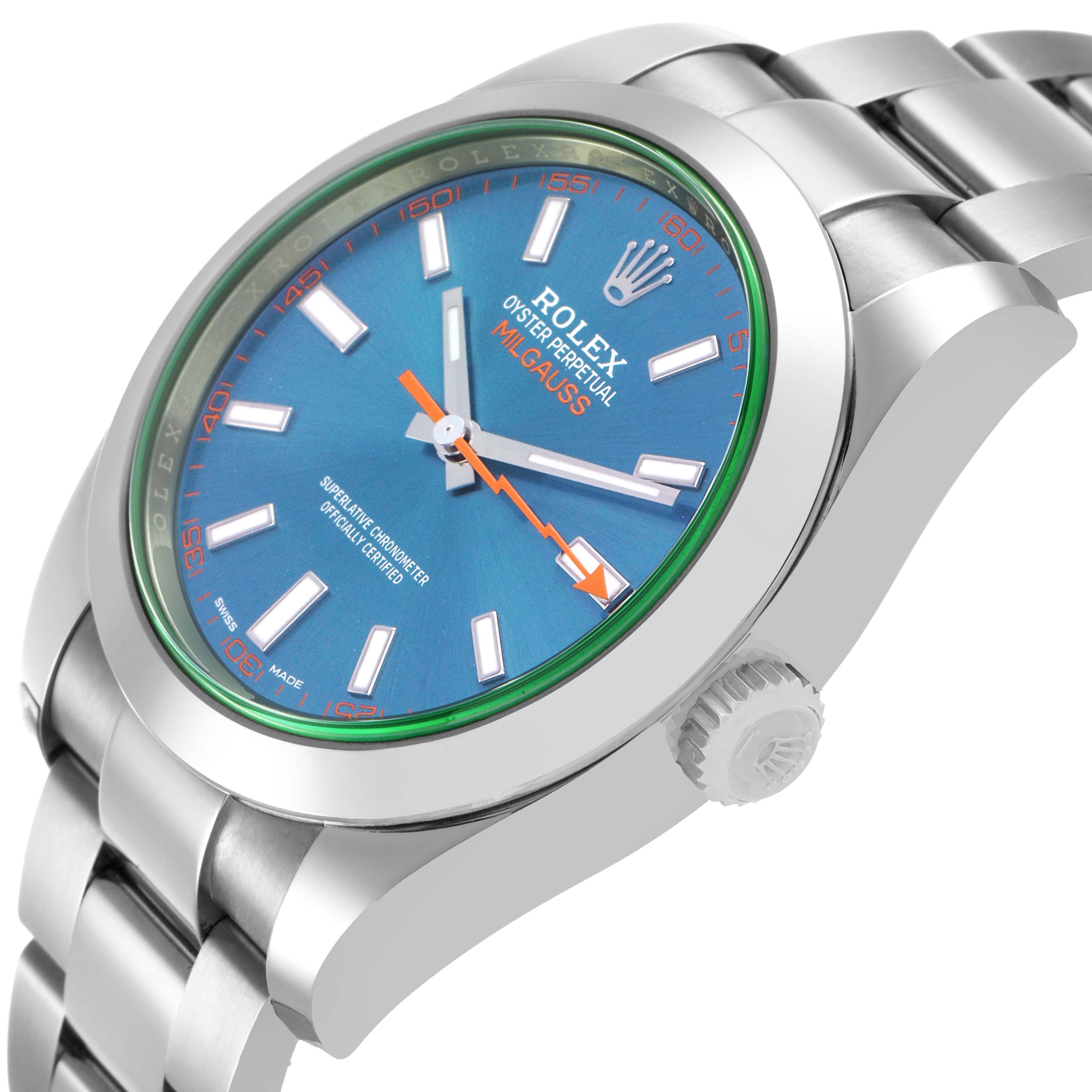 The Rolex Milgauss 116400GV Men's Stainless Steel Blue Dial watch is shown at an angled side view, highlighting the dial, bezel, crown, and bracelet.