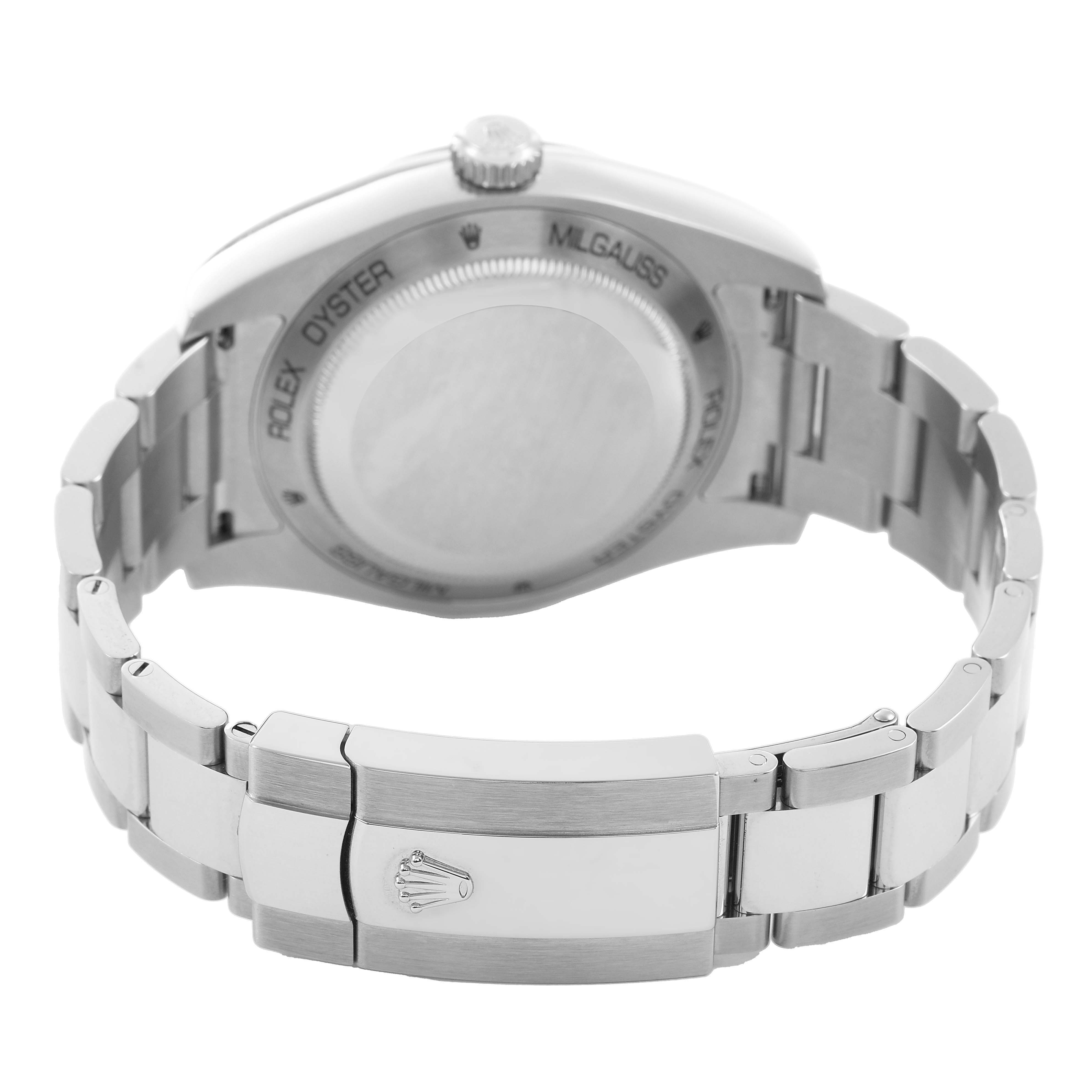 This image shows the back and bracelet clasp of a Rolex Milgauss 116400GV Men's Stainless Steel Blue Dial watch at a slight angle, highlighting the case back and links.