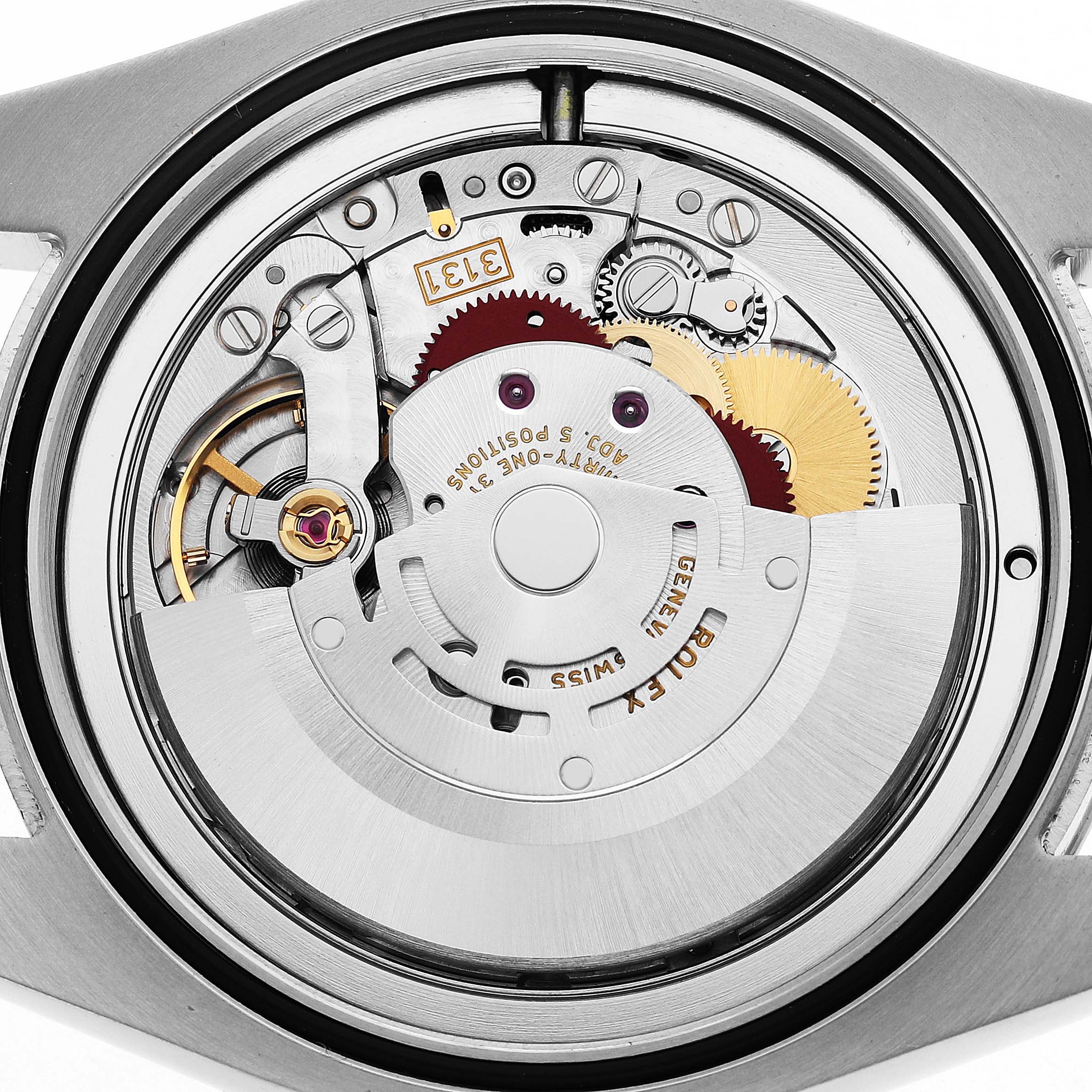 The image shows the internal mechanism of the Rolex Milgauss 116400GV Men's Stainless Steel Blue Dial watch from a back angle, revealing gears and movement components.
