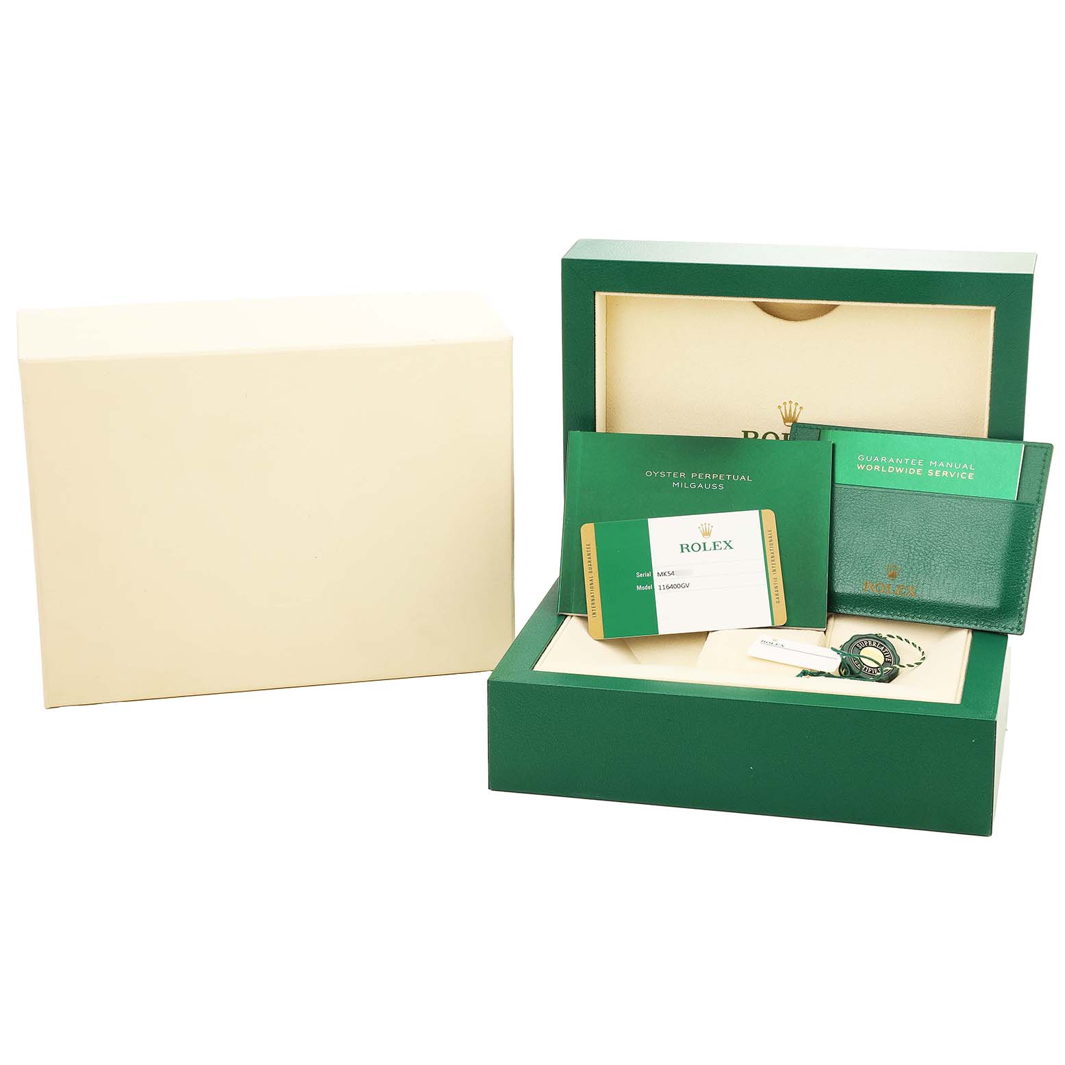 The image shows the packaging and accessories for a Rolex Milgauss 116400GV Men's Stainless Steel Blue Dial, including the box, warranty card, and manual.