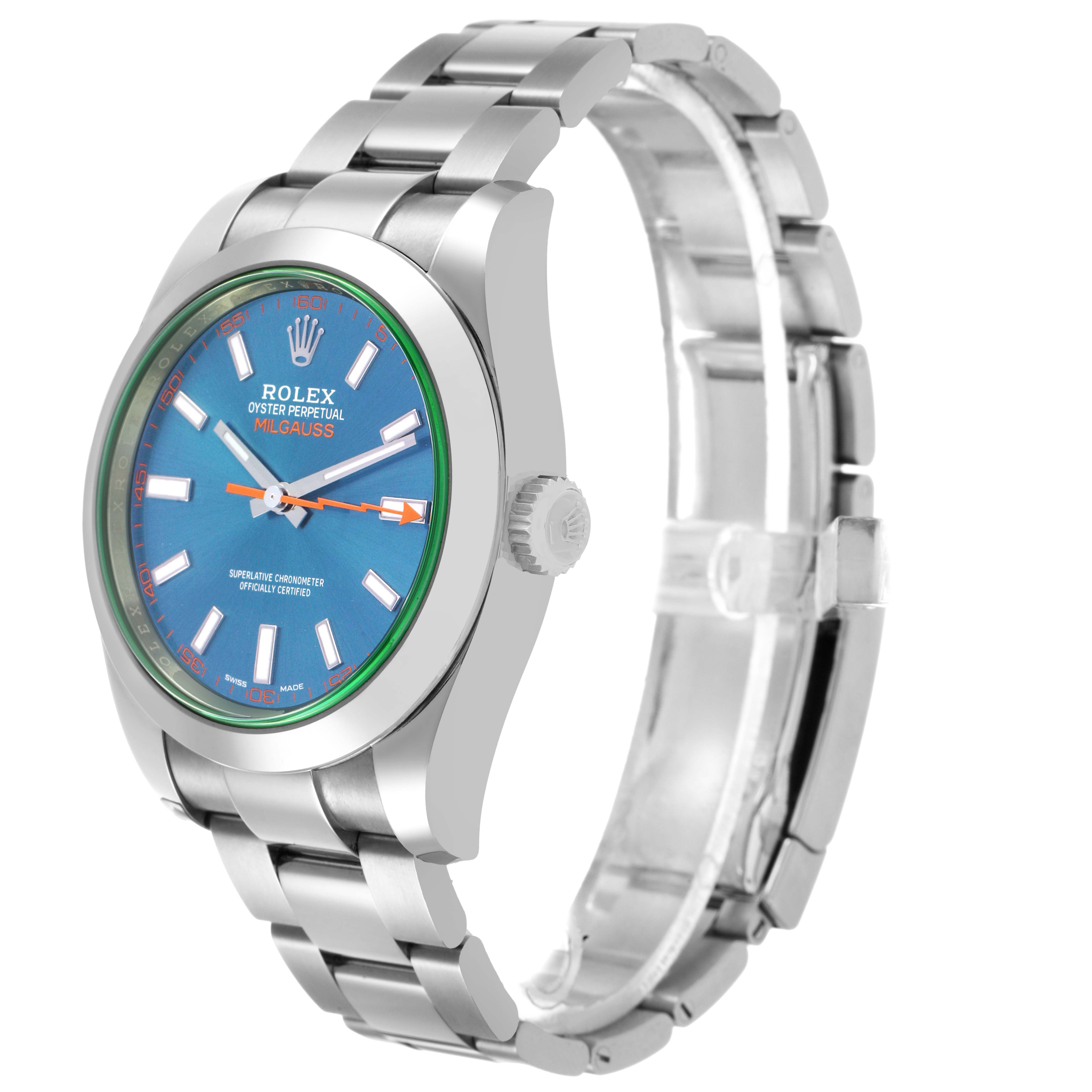 The Rolex Milgauss 116400GV Men's Stainless Steel Blue Dial watch is shown at a slight angle highlighting the face, bezel, crown, and stainless steel bracelet.