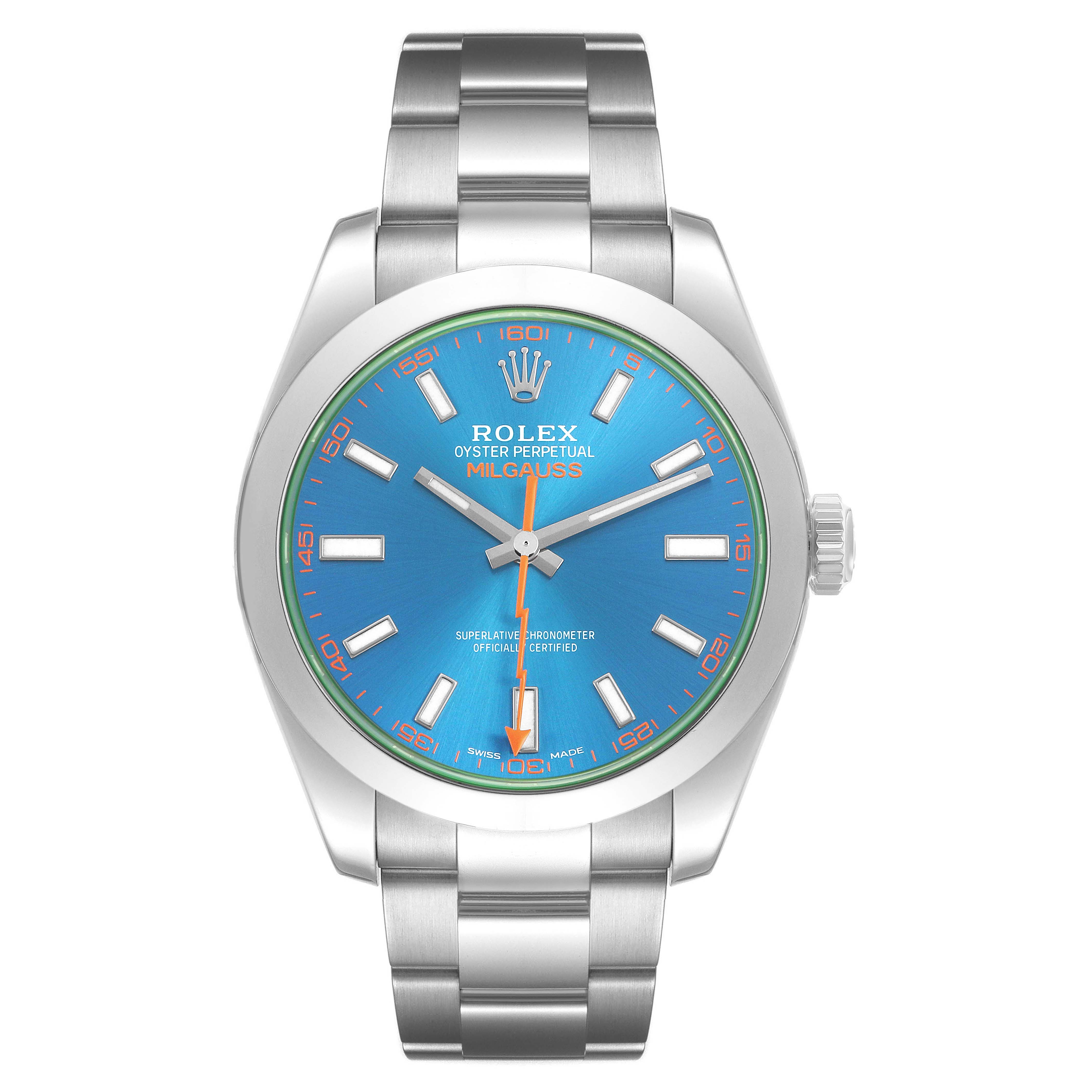 The Rolex Milgauss 116400GV Men's Stainless Steel Blue Dial watch is shown from a front angle displaying the dial, hands, and bracelet.