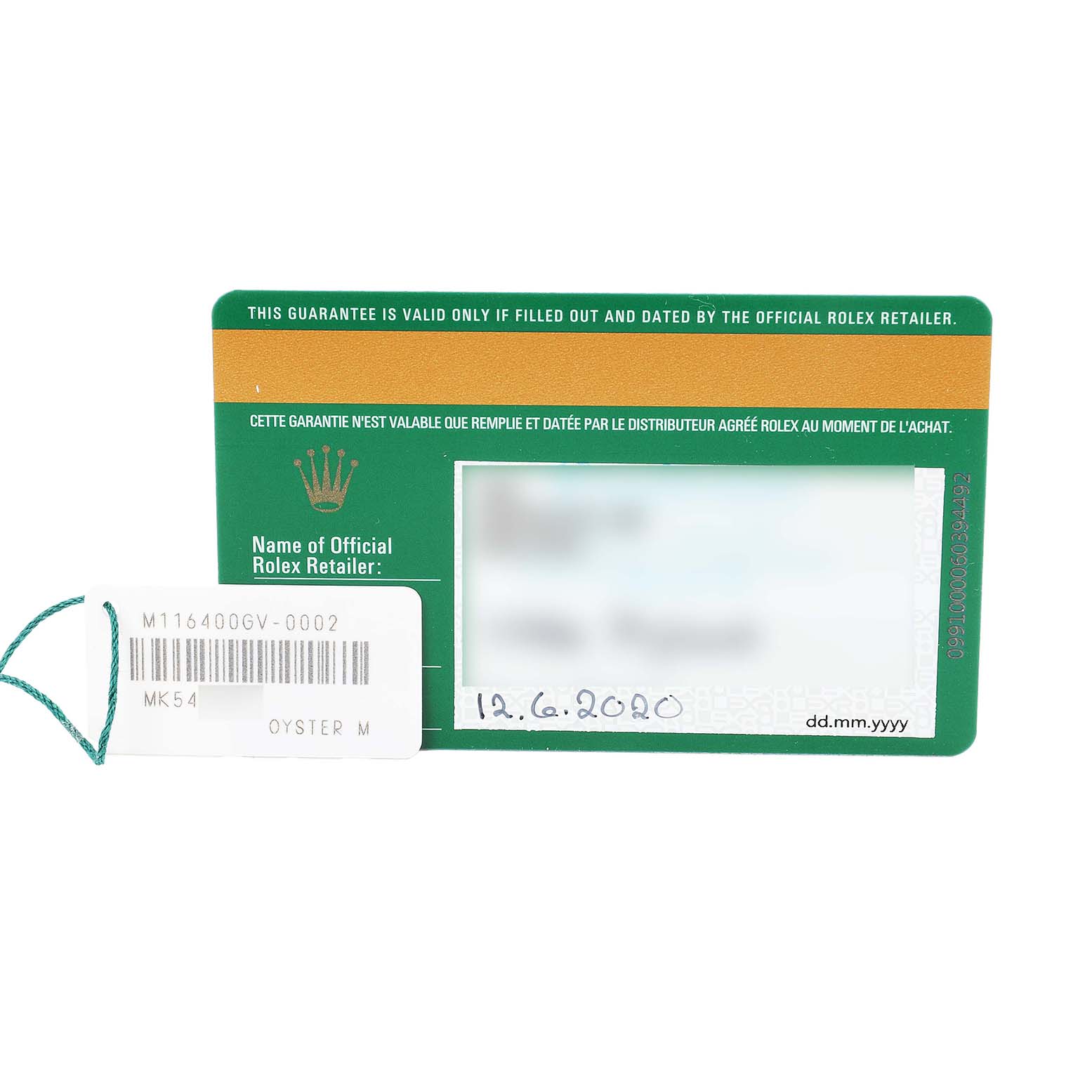 The image shows a warranty card and tag for the Rolex Milgauss 116400GV Men's Stainless Steel Blue Dial watch, with the model number visible.