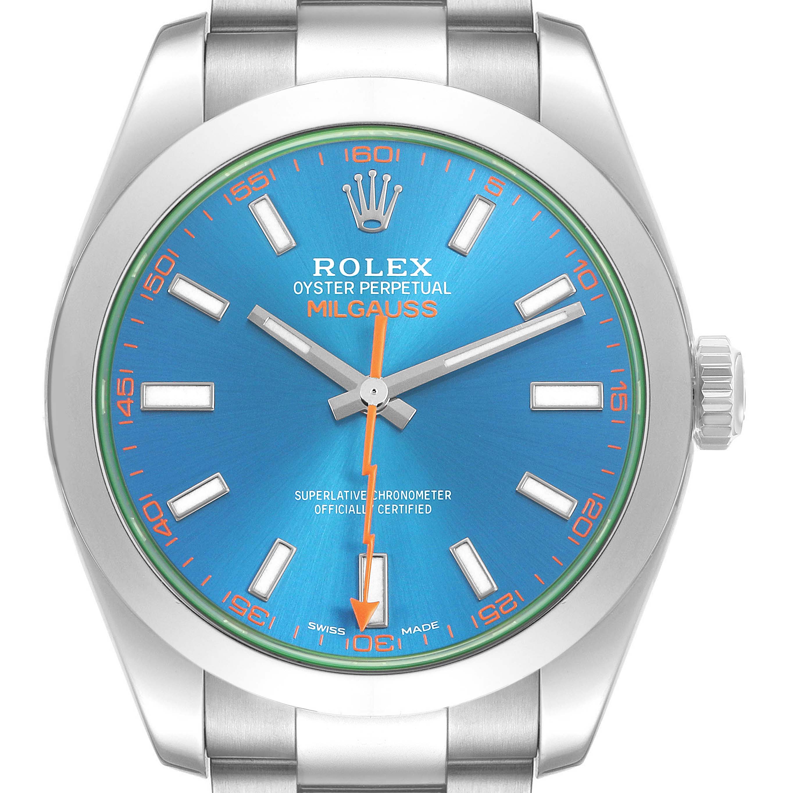 The Rolex Milgauss 116400GV Men's Stainless Steel Blue Dial watch is shown from a front-facing angle, displaying a blue dial with the iconic orange lightning bolt seconds hand.