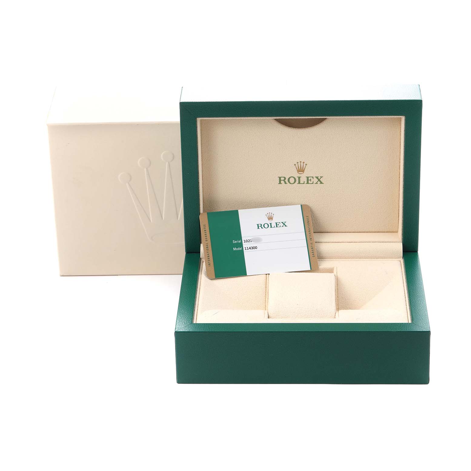 The image shows an open Rolex Oyster Perpetual 114300 Men
s Stainless Steel Black Dial 114300 Men
s Stainless Steel Black Dial box, including the inner box and a warranty card.